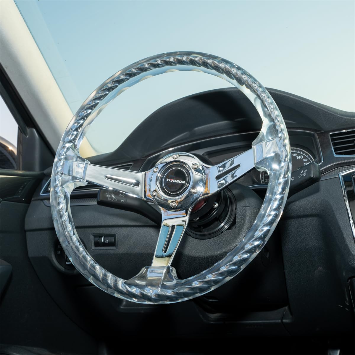 TIYPEOR Hitman Style 14 Inch Car Steering Wheel universal 350mm Clear Metal Twisting Steering Wheel with Accessories