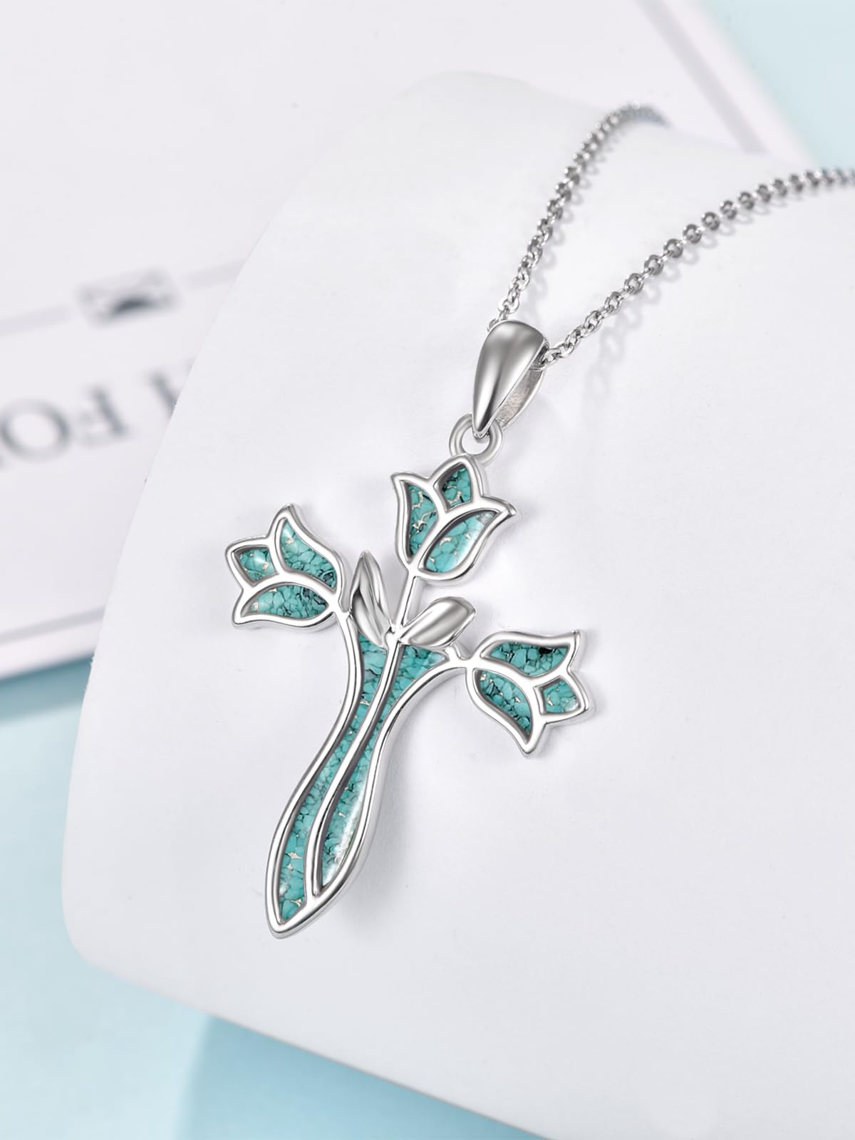 Dreamboat Turquoise Cross Necklace for Women Sterling Silver Cross Pendant Christian Necklace Tulip Rose Faith Confirmation Gifts Religious Jewelry for Mom
