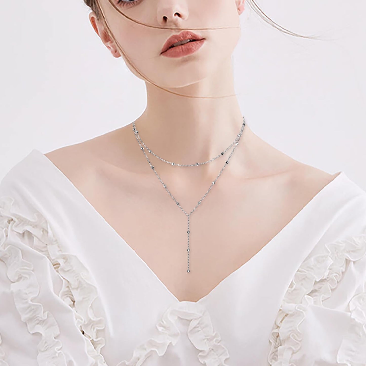 FLYOW Layered Necklace for Women Sterling Silver Beaded Double Trendy Layered Choker Y Lariat Long Necklace Dainty Mothers Day Valentine's Day Birthday Gift for Ladies