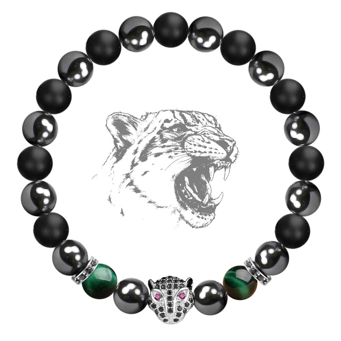 Karseer Black Panther Spirit Animal Bracelet, 8MM Natural Black Onyx Crystal and Hematite Beaded Elastic Bracelet, Handmade Meditation and Prayer Jewelry Unisex (Plated White Gold)