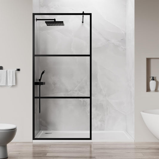 LARWORKS Walk in Shower Door, 40" W x 75" H Fixed Shower Glass Panel, 1/5"(5mm) Tempered Glass Shower Screen for Bathroom, 3 Glass Panels & Adjustable Support Bars - Matte Black