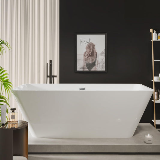 66 Inch Freestanding Bathtub, Modern Soaking Bathtub, Freestanding Rectangular Tub with Non-Slip Base and Easy Drain, Deep Design for Adults, Ideal for Bathroom Relaxation, Chrome Drain, White