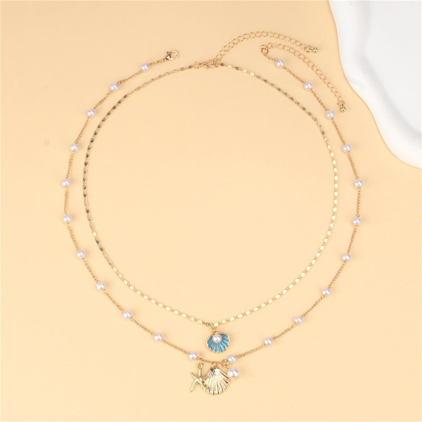 Boho Starfish Seashell Layered Necklace Gold Silver Plated Dainty Charm Double Layer Sea Shell Lucky Stars Ocean Animal Chain Necklace for Women Hawaiian Summer Beach Vacation Jewelry Gifts (Blue)