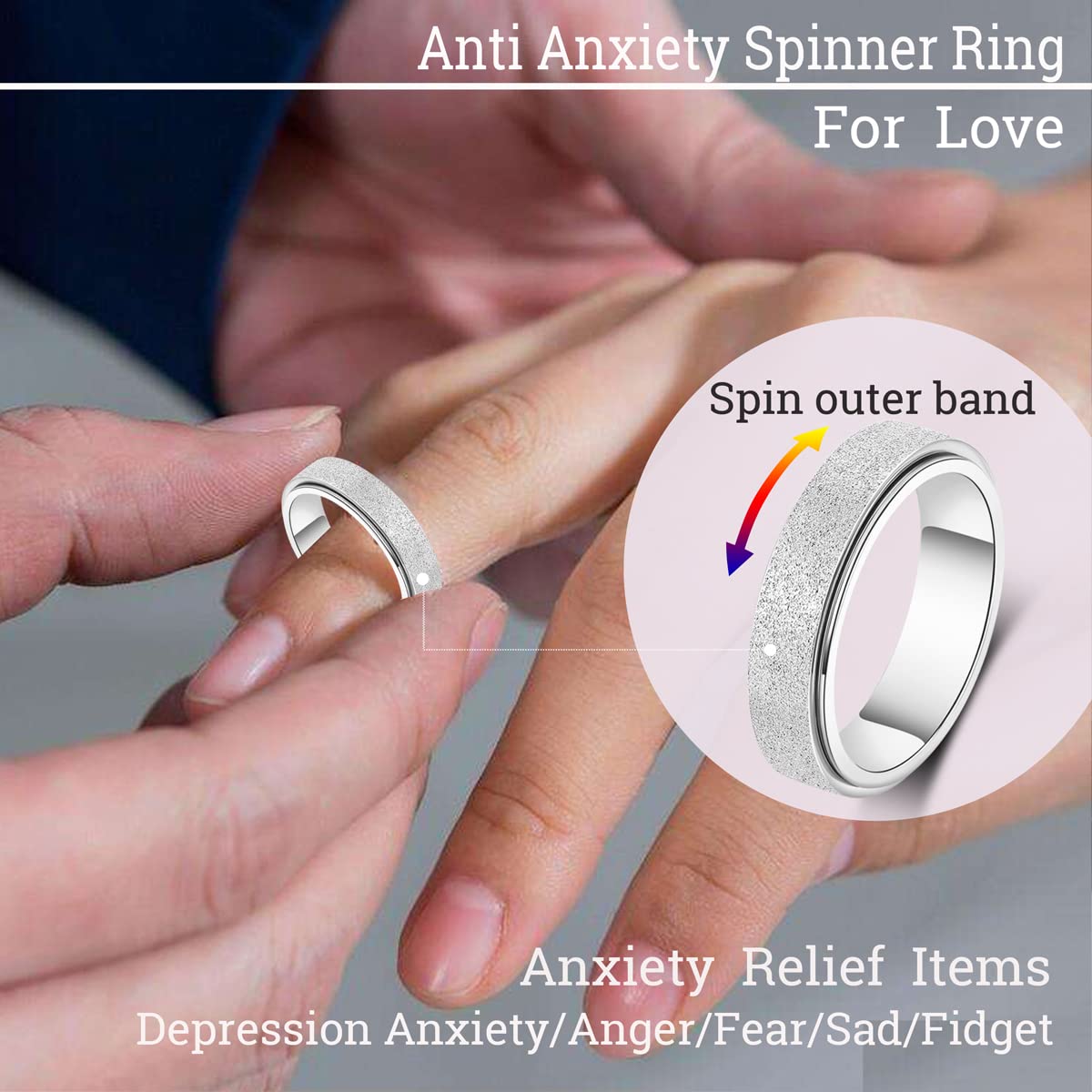 OreilleStar Anxiety Ring for Women Fidget Spinner Ring Fidget Toys Adults Titanium Stainless Steel Thumb Ring 6mm Wide Sivler Size 10