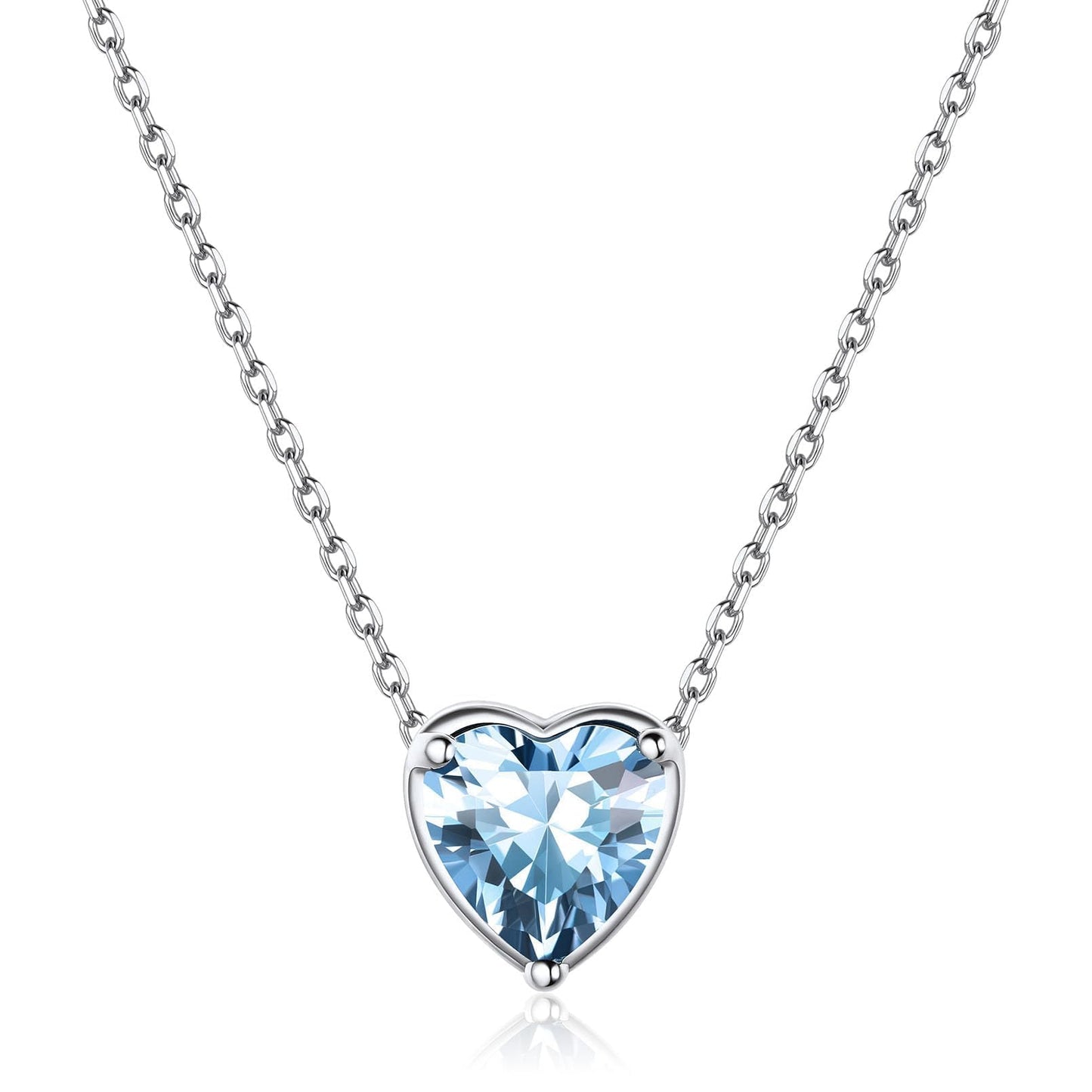ChicSilver Love Heart Birthstone Necklace 925 Sterling Silver March Aquamarine Gemstone Pendant Necklace Silver Choker Necklace for Women