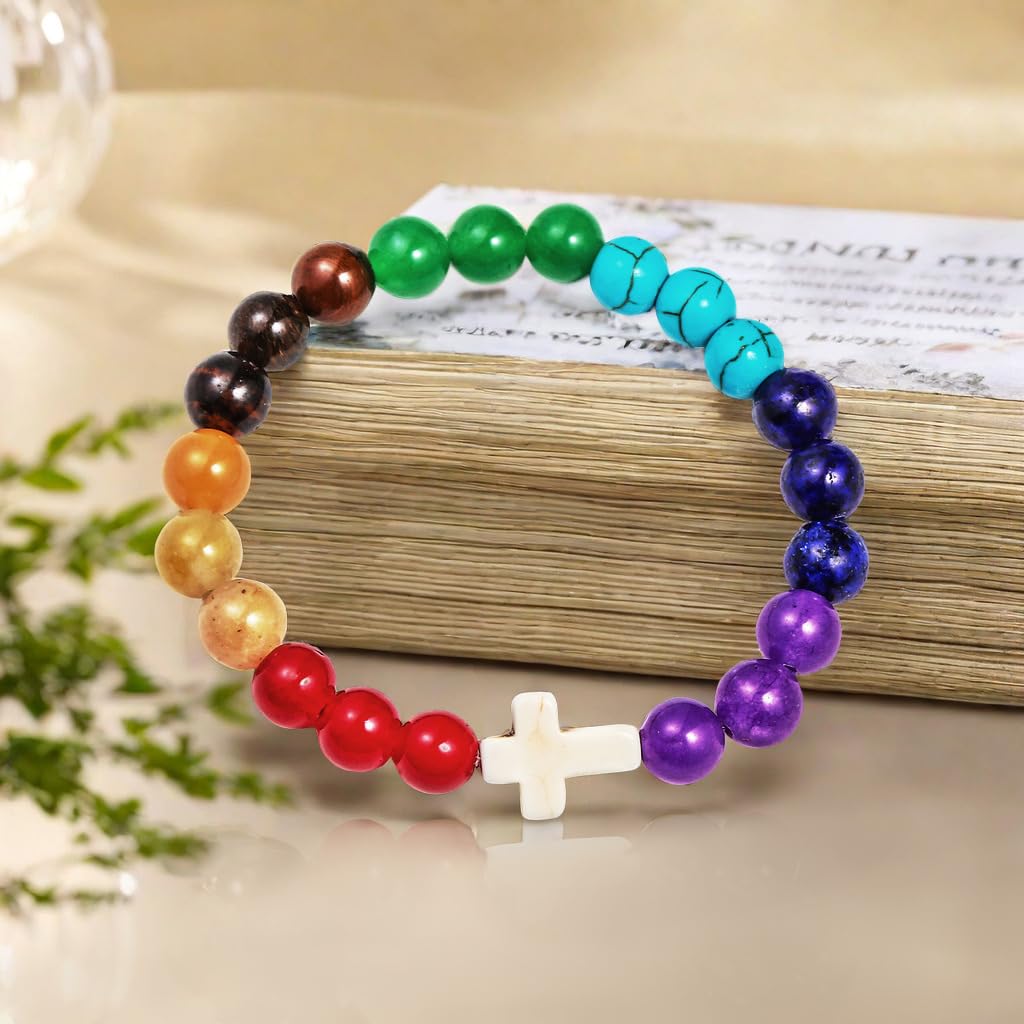 Pingyongchang Christian Gifts for Women Men Cross Healing Crystal Bracelet Faith Easter Catholic Religious Bracelet Natural Stone Stretch Bracelets Stress Relief Anxiety Yoga Bracelet (Seven Chakra)