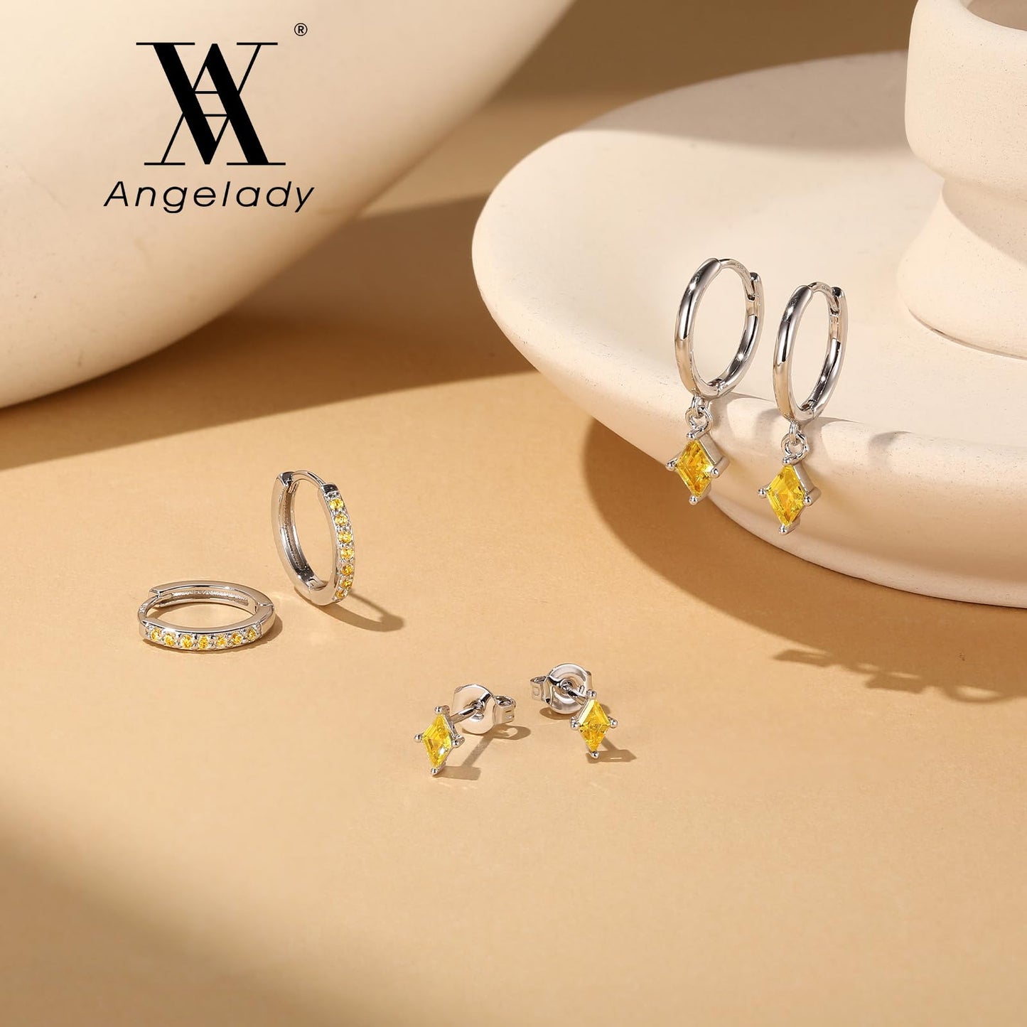 3 Pairs Sterling Silver Hoop Earrings Set for Women, Silver Hypoallergenic Yellow Earrings for Multiple Piercing, Dainty Citrine Diamond Huggie Dangle Earring Stacks Trendy Jewelry Gifts