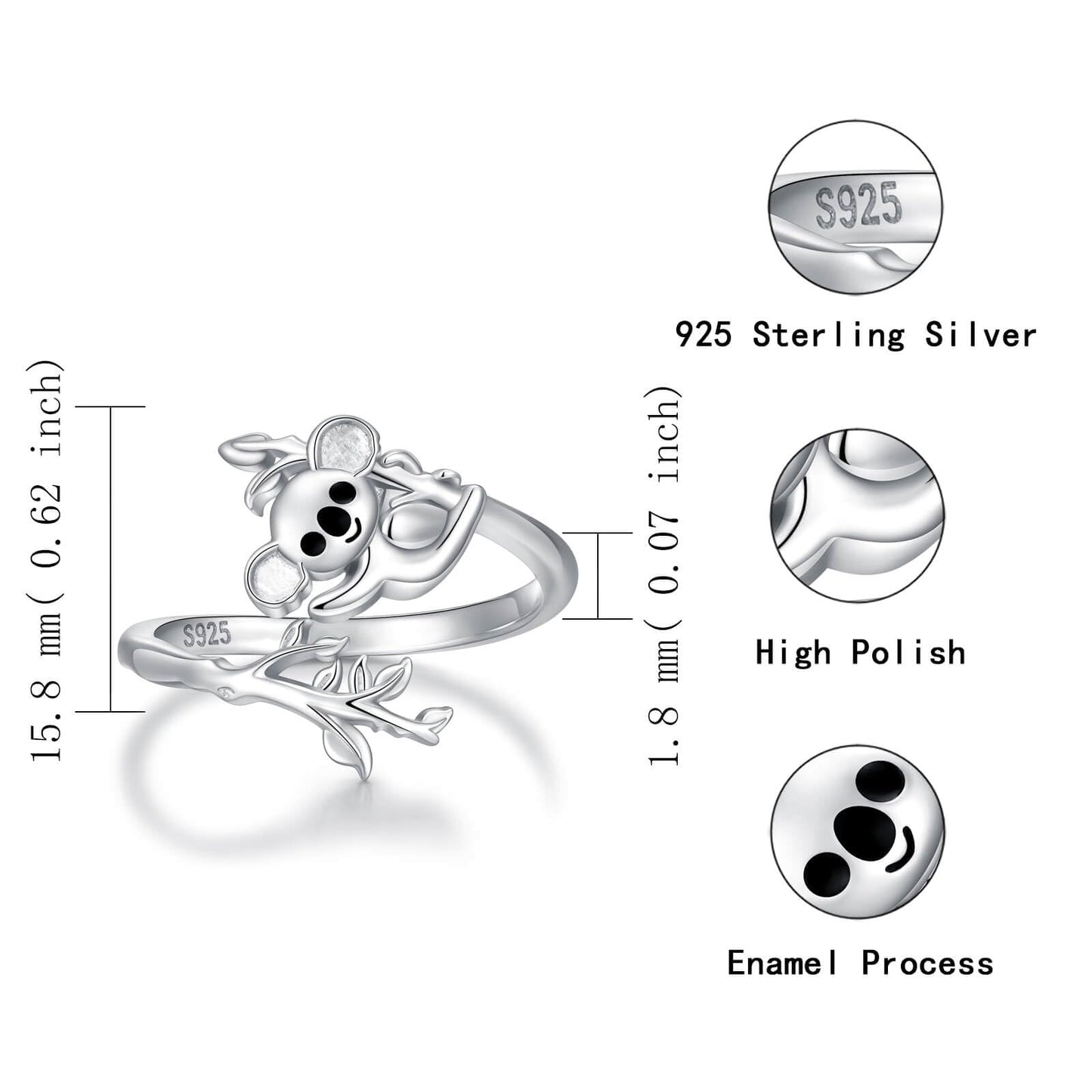 Zepmais 925 Sterling Silver Animal Ring - Adjustable Open Owl Axolotl Rings with Heart Cubic Zirconia Opal Cute Animals Jewelry Gifts for Women (Koala)