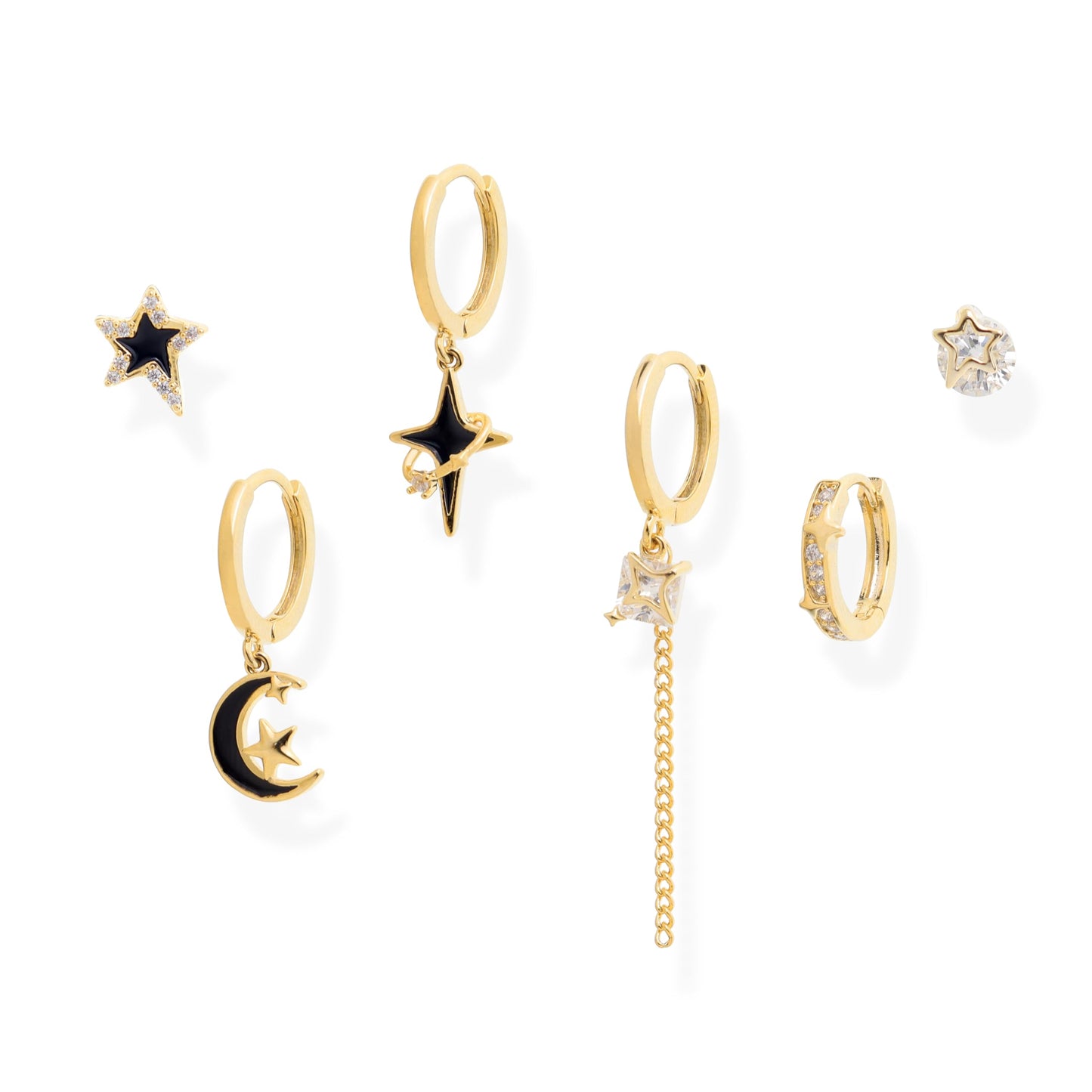 Frigotine 3PCS Gold Star Hoop Stud Earrings Stack Set for Women, Dainty Rhinestone Star Black Enamel Moon Planet Tassels Multiple Piercing Cartilage Prom Fashion Jewelry Gift