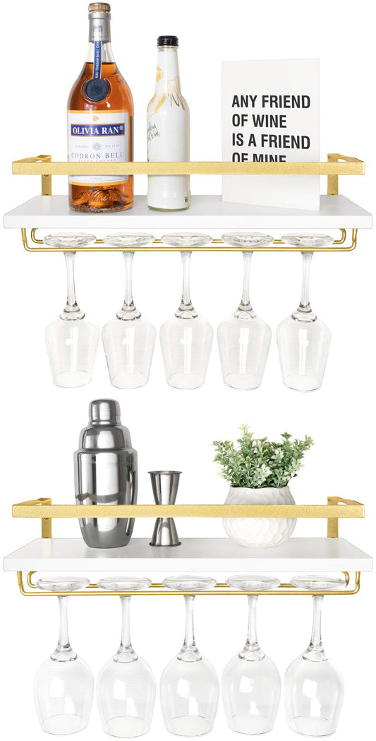 Mkono Wall Mounted Wine Rack Set of 2 White Wood Wine Bottle Glass Holder Floating Shelves with Stemware Hanger Modern Plants Photos Wine Display Storage Holder for Kitchen Dining Room Bar, 17 Inch