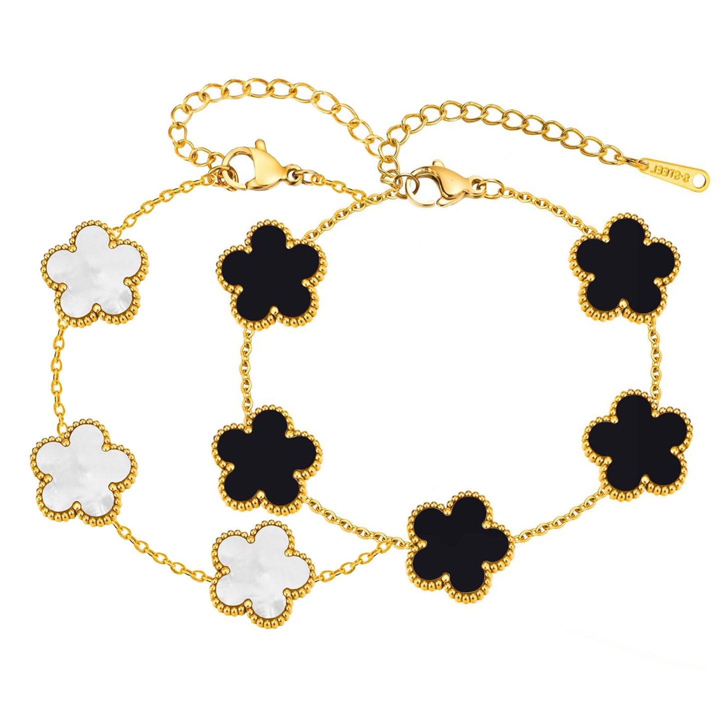 Eclatienne Four Leaf Clover Bracelet Set for Women – 2PCS Black & White 18K Gold Plated Lucky Flower Charm Bracelets, Adjustable Stainless Steel Gold Charm Bracelet Jewelry Gift