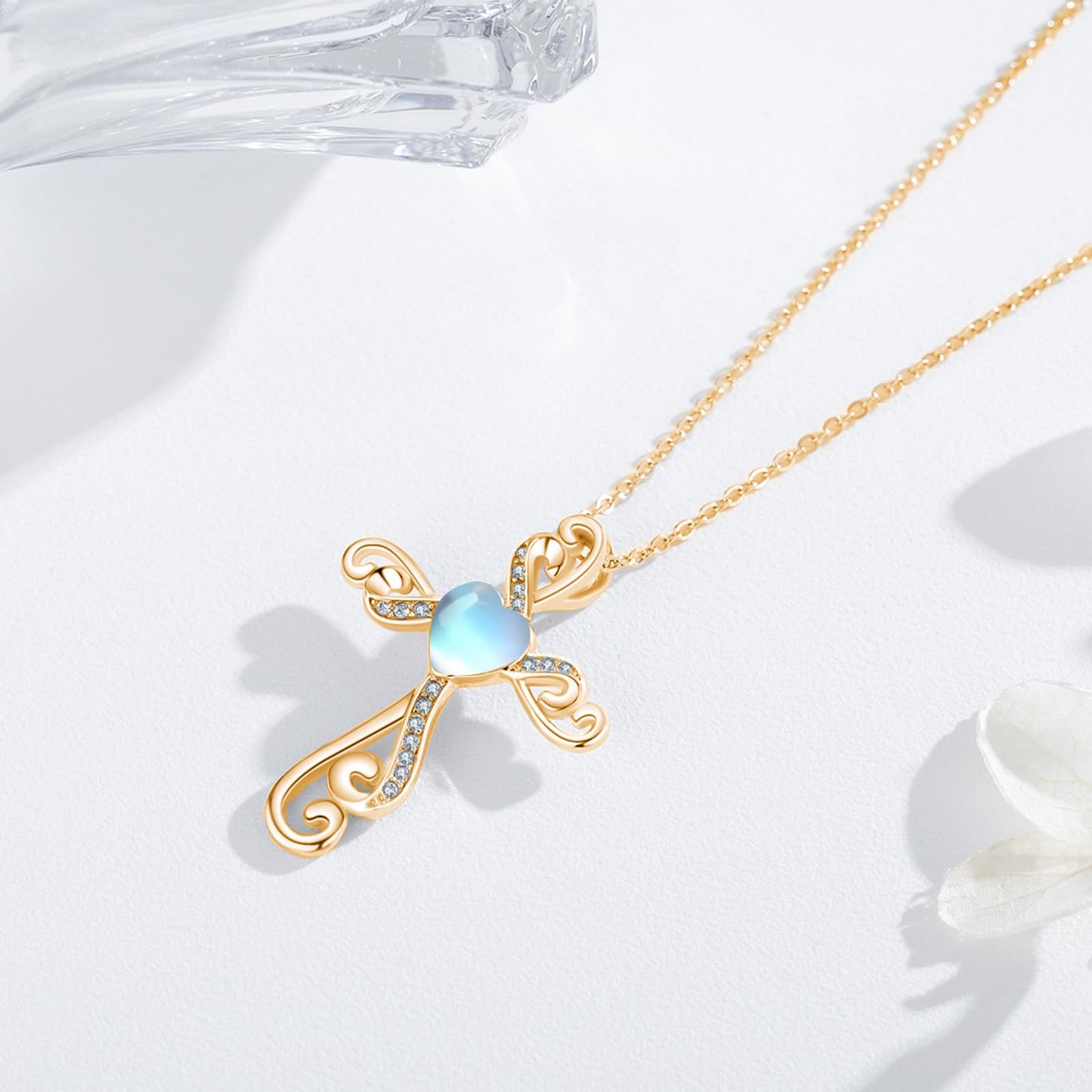 Twoowl 14K Gold Plated Cross Necklace 925 Sterling Silver Moonstone Christian Pendant Religious Cross Jewelry Gifts for Mom Women