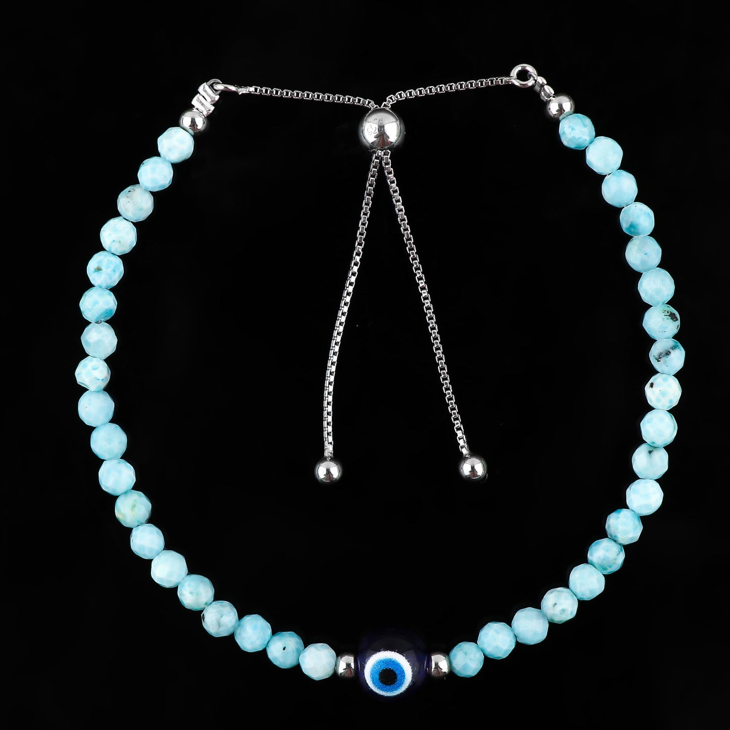 CRYSTALIS Natural Sea Larimar, Pectolite, Evil Eye, Pearl Beads Slider Bracelet for Relationship Protection, Chakra Healing Gemstone, Women Jewelry with 925 Sterling Silver Slider 10 inch