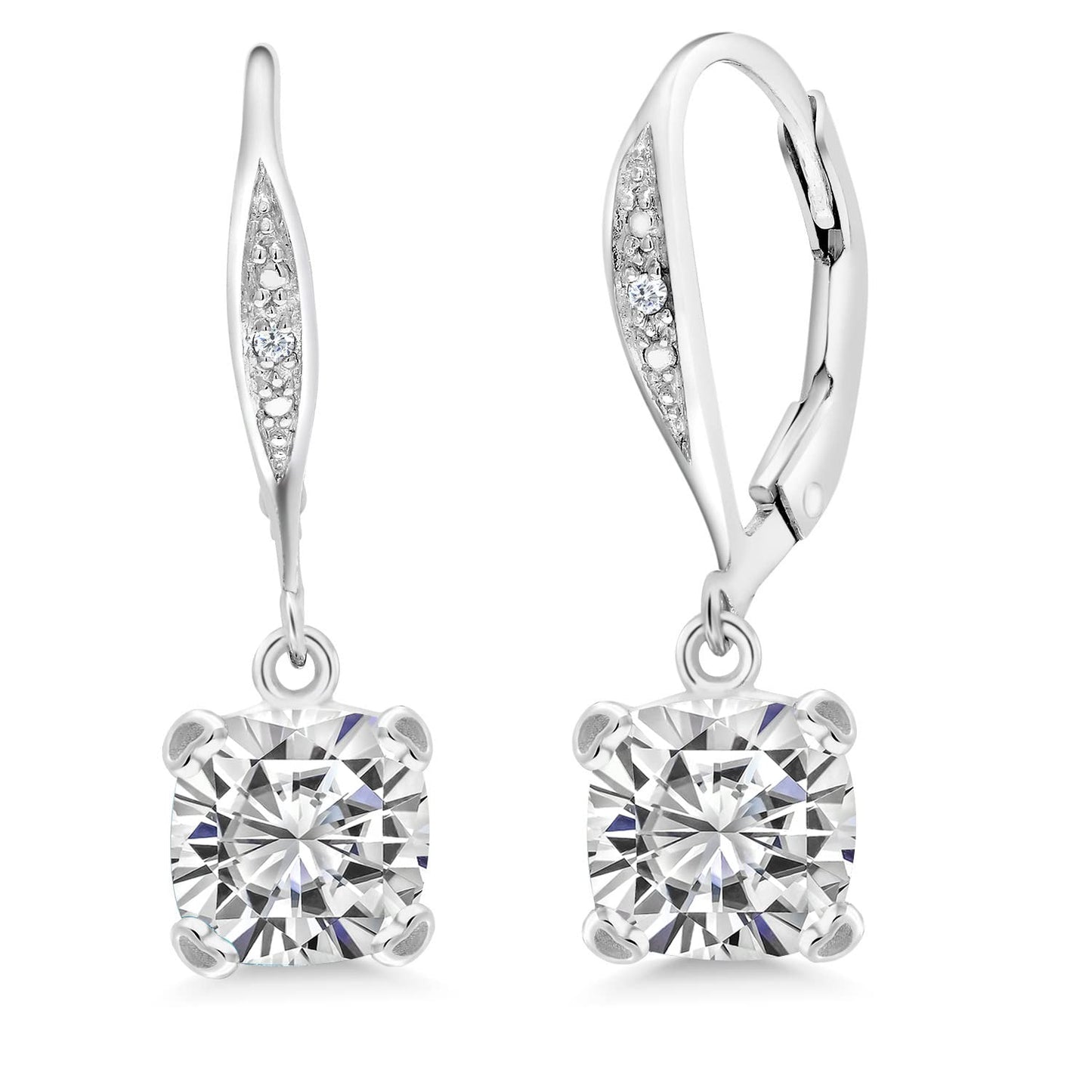 Gem Stone King Drop Dangle Earrings For Women | 7MM Cushion Cut Gemstone Birthstone and Diamond | 925 Sterling Silver | Jewelry Gift for Mom Wife Her | White Moissanite-April | Sterling Silver