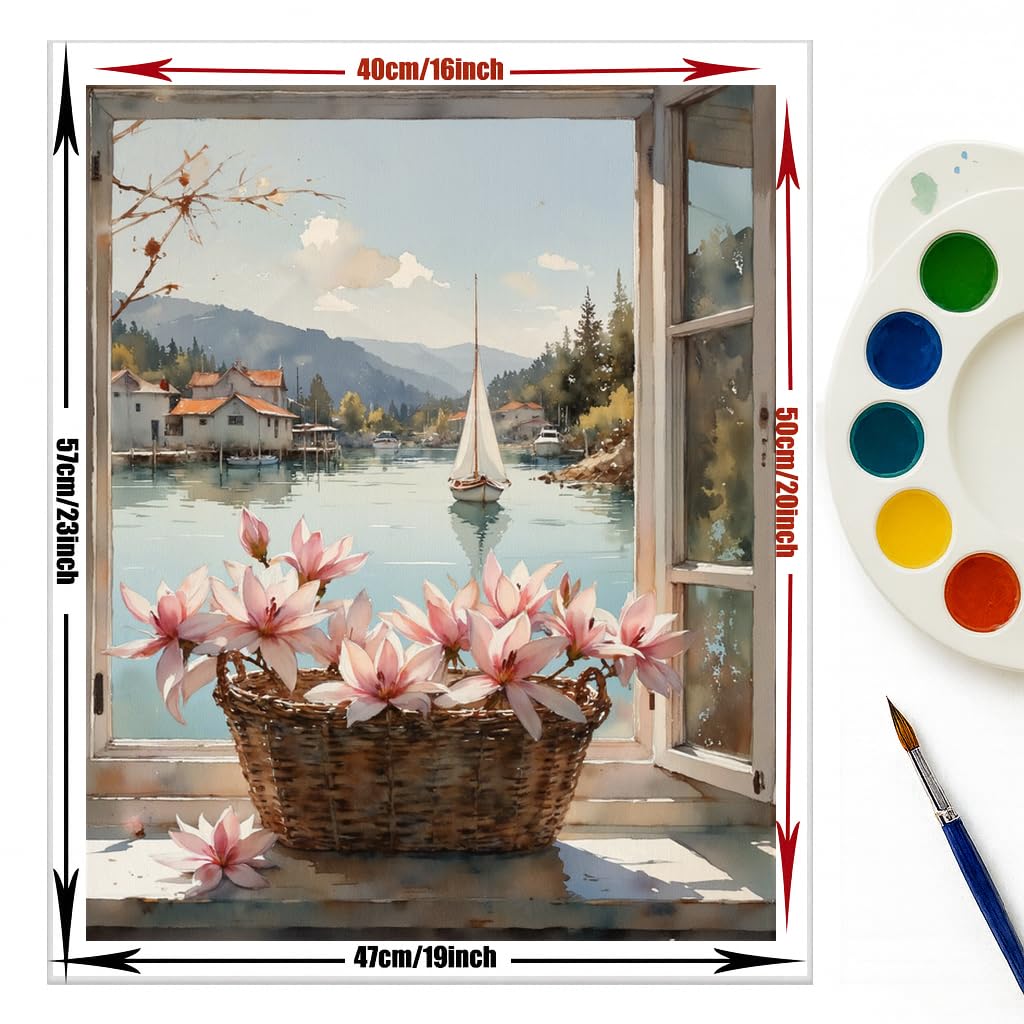 EnLvYY Paint by Numbers Kit for Adults 16x20in, (Unframed) DIY Acrylic Painting on Canvas, Flower Basket and Sailboat Lake View Through Window, Beginner Landscape Wall Art for Home Decoration or Gift