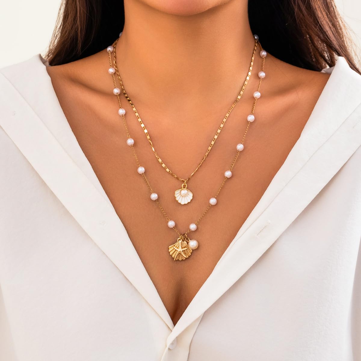 Starfish Necklace Gold Beach Jewelry for Women Pearl Seashell Necklace Cowrie Shell Beach Necklaces Ocean Summer Starfish Jewelry (2-2 layer gold)