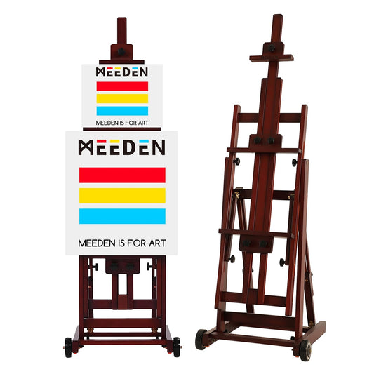 MEEDEN Multi-Function Studio Easel,H-Frame Easel,Painting Easel for Adults,Artist Easel,Floor Easel,Solid Beech Wooden Easels w/Front Wheels,Holds Canvas Art up to 77" - Walnut