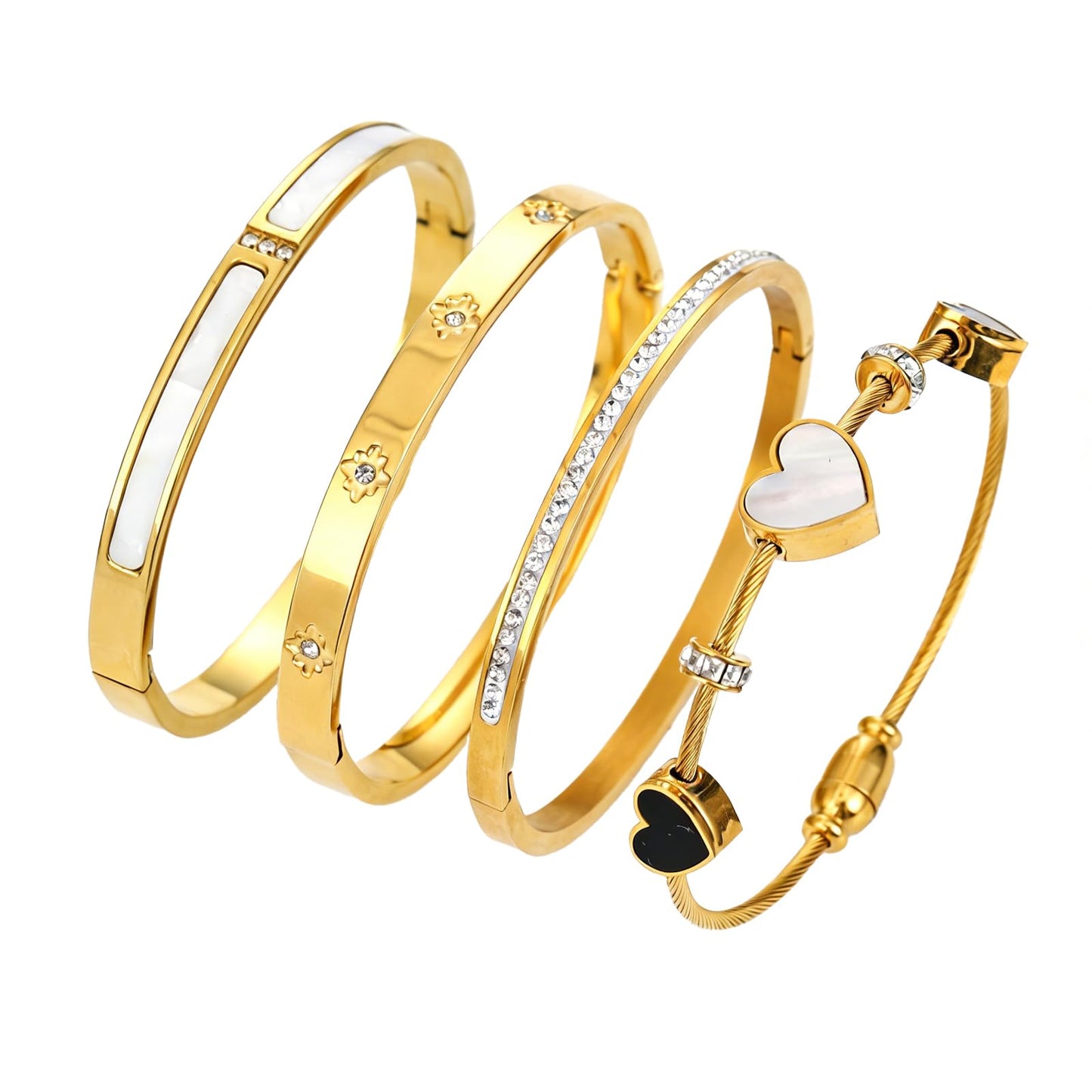 Women's 18K Gold Plated Stainless Steel Bracelet Set (6cm/2.3inch) - Waterproof Delicate Stackable Bangle Set with Mother of Pearl, Heart Design & Cubic Zirconia for Women Jewelry Gifts (4pcs Bracelet Set A)