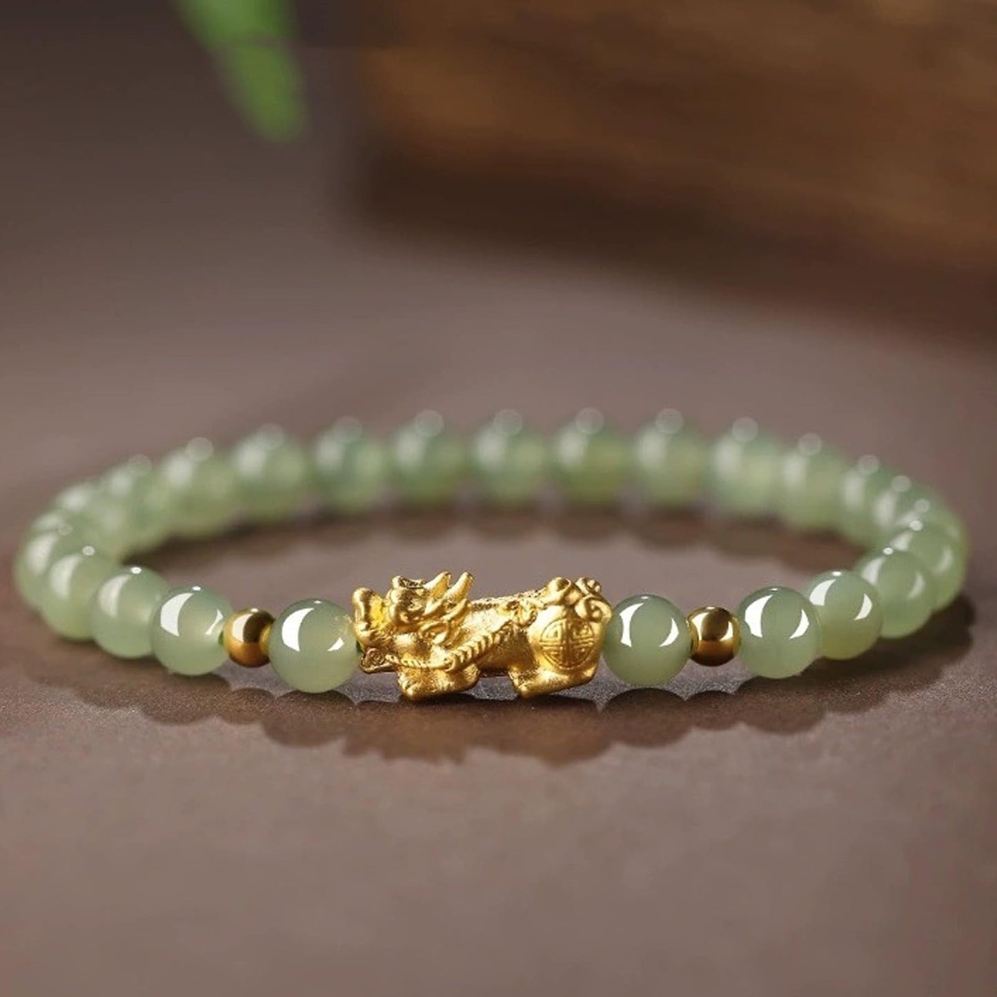 Long tiantian Green Beaded Bracelet for Women with Gold Tone Pixiu Charm, Minimal Stretch Bracelet with Round Beads for Daily Wear and Thoughtful Gifting