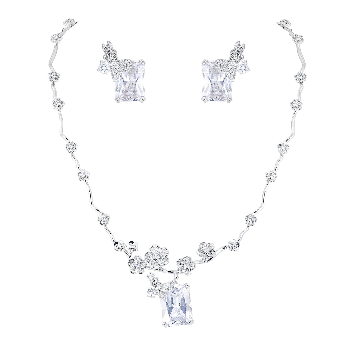 WMHaiMo Wedding Jewelry Set For Women Brides Bridesmaid Bridal Sparkly Cubic Zirconia Butterfly Necklace And Earrings Set For Party Prom Gift