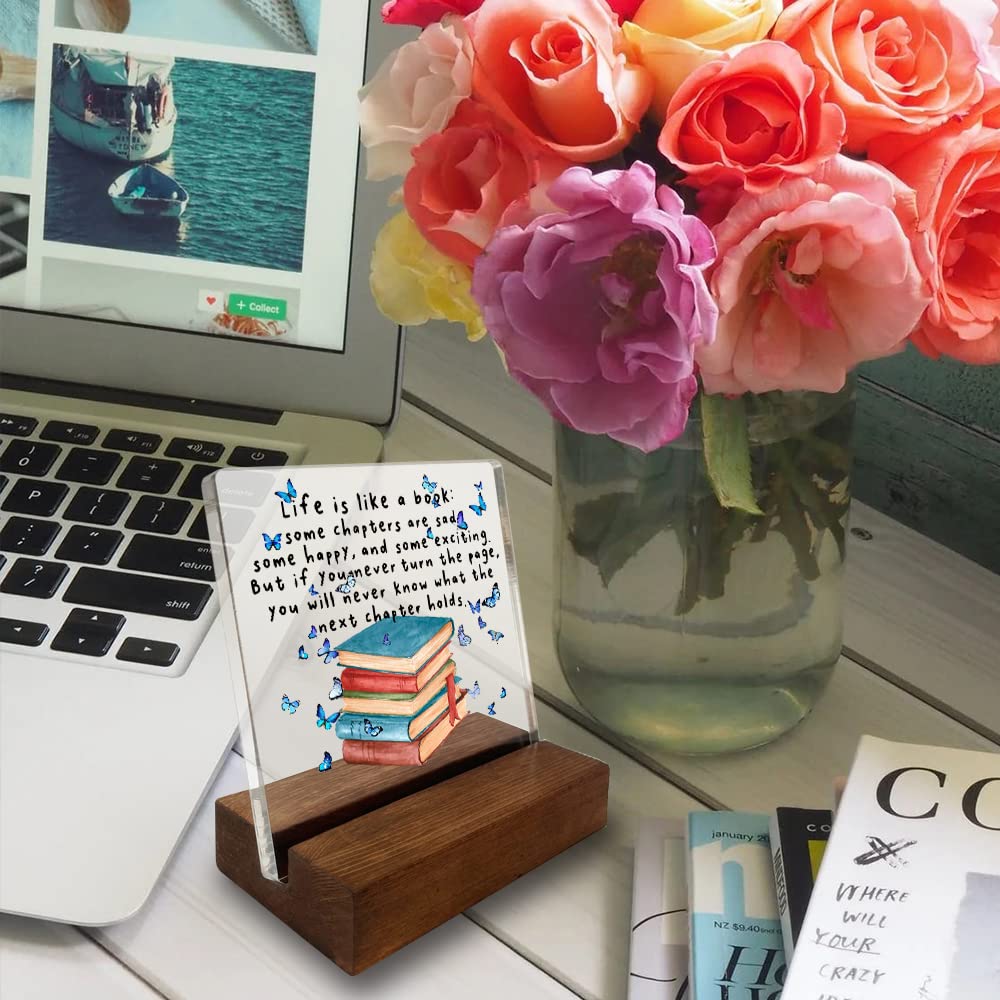 vizuzi Book Quote Home Office Desk Decor Sign Inspirational Book Lover Gift Butterfly Acrylic With Wooden Stand Sign for Book Lover Cowoker Sister Women Friends Gift