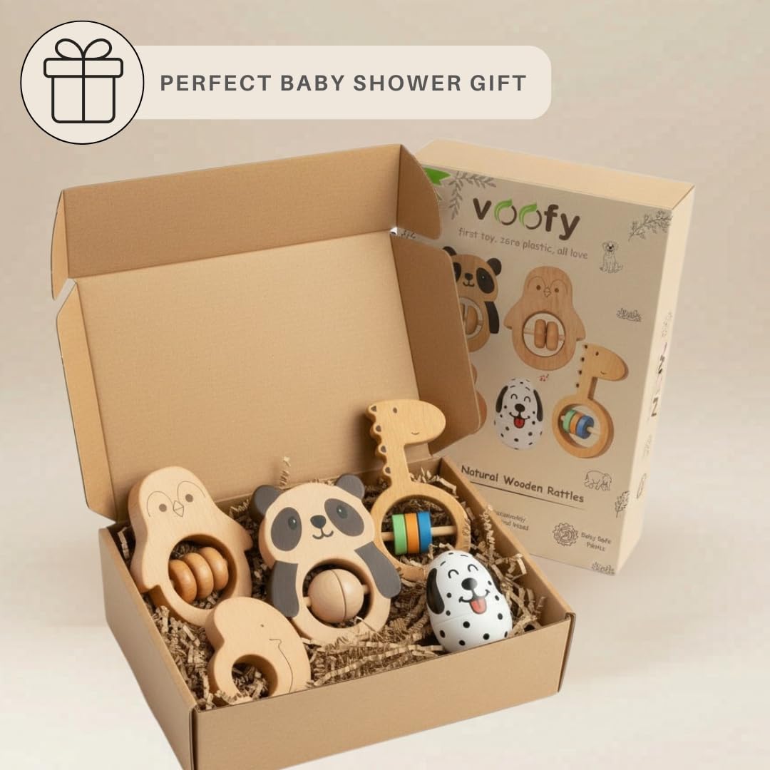 Voofy Wooden Baby Rattle Set (5pcs) – Montessori Infant Grasping Toys for 0-12 Months, Natural Non-Toxic Sensory Development Toy, Eco-Friendly Shaker Organic Baby Shower Gift for Boys & Girls