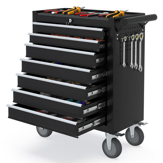 SGHATAJ 7 Drawers Metal Rolling Tool Chest, Portable Storage Rolling Tool Box, Toolbox on Wheels for Warehouse, Garage, Repair Shop and Tool Room (Black, 7-Drawer)