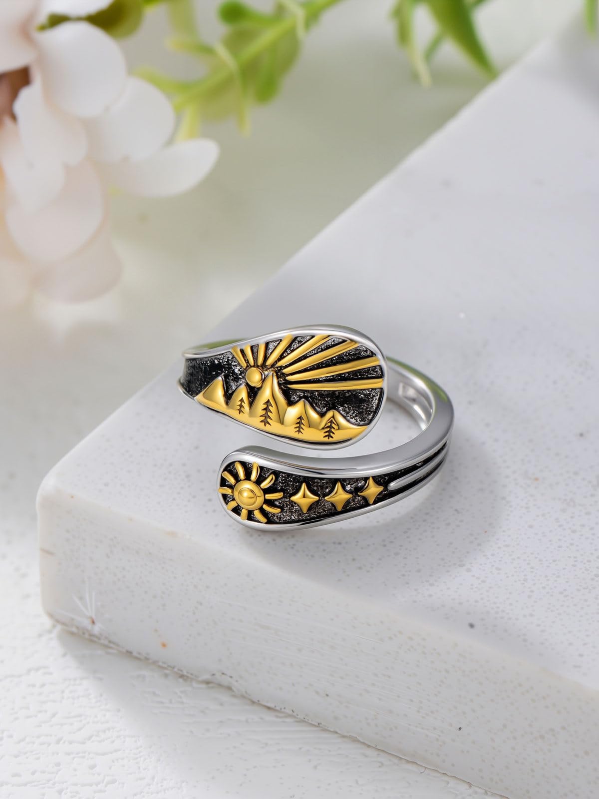 Midari Sun and Moon Star Spoon Rings 925 Sterling Silver Adjustable Sun and Moon Thumb Vintage Finger Open Mountain Spoon Ring Moon Phase Jewelry Halloween Christmas Birthday for Women Daughters Friends