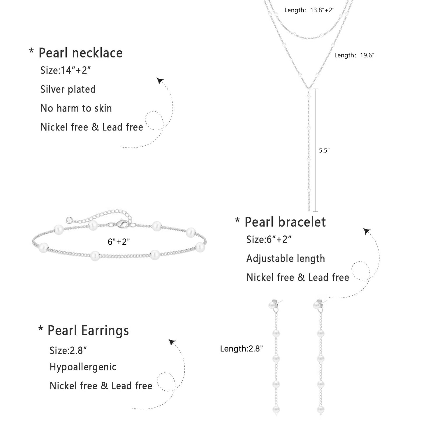 HERIER Silver Jewelry Set for Women Dainty Silver Plated Layered Pearl Necklaces for Women Pearl Drop Earrings Bracelets Trendy Wedding Bride Jewelry Gift