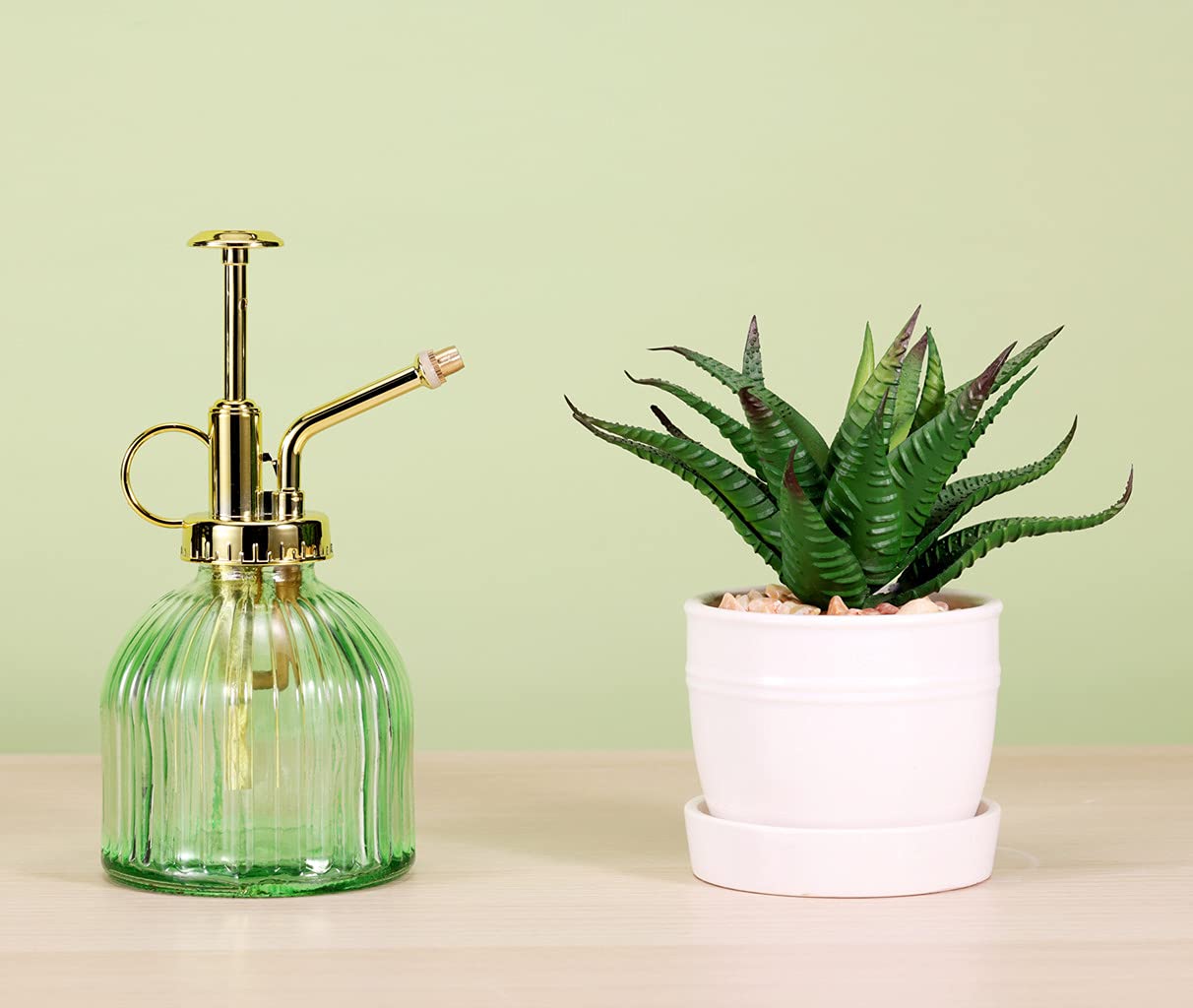 Aebor Glass Plant Mister Spray Bottle, 6.5" Green Glass Water Spray Bottle with Gold Top Pump Small Watering Can, Small Plant Sprayer Mister for Indoor Outdoor House (Green+Gold A)