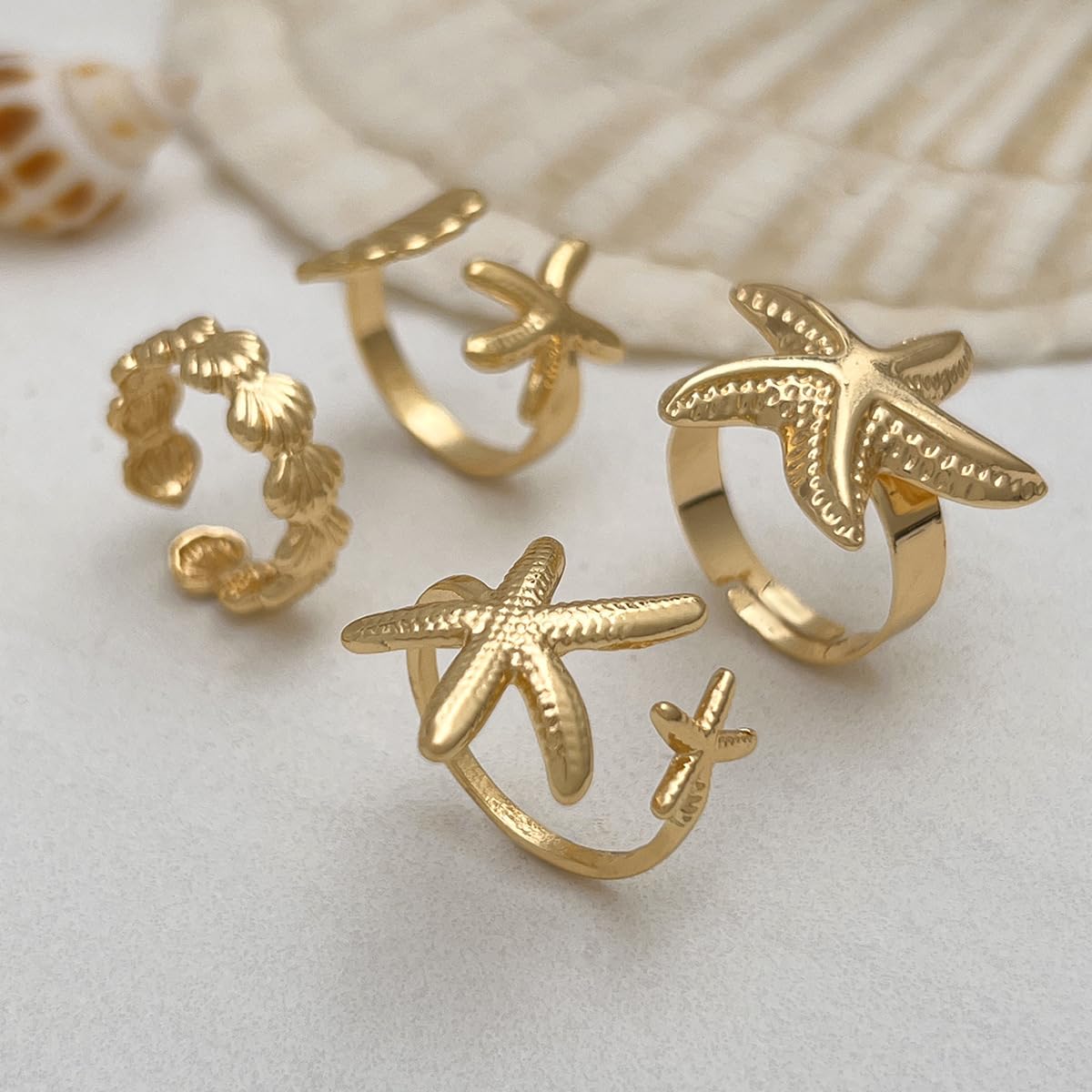 16 Pairs Starfish Jewelry Set for Women 14K Gold Plated Seashell Necklace Starfish Earring Open Ring Seashell Layer Boho Bead Adjustable Bracelet For Summer Travel Holiday Vacation Party (starfish set)