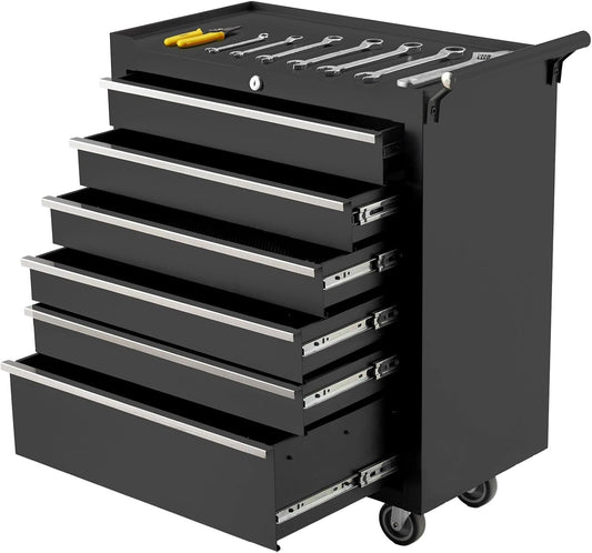 Rolling Tool Box with Wheels, 6 Drawer Tool Storage Cabinet, Portable Toolbox Organizer with Lock, Heavy Duty Tool Chest Cart for Garage, Mechanic, Workshop, Shop, Mobile Tool Organizer, Black