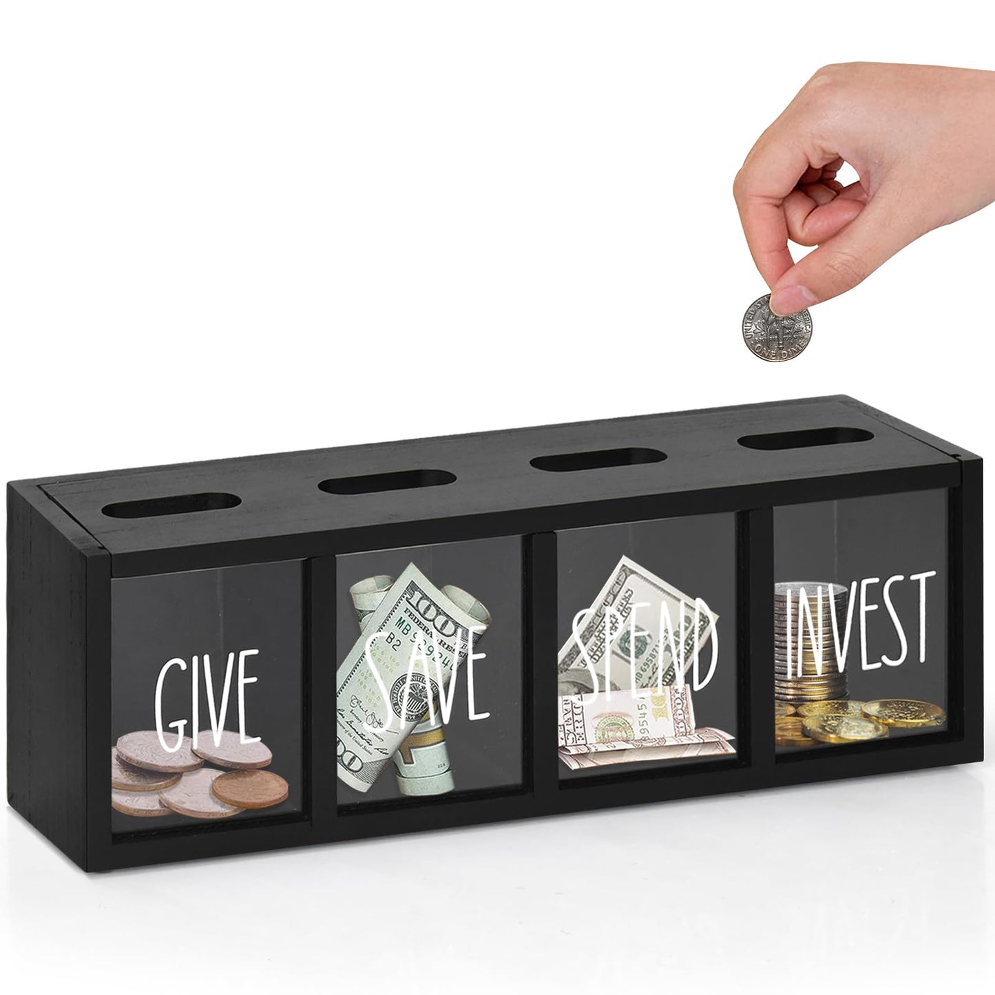 Wooden Give Save Spend Invest Money Saving Box for Kids, Countertop Kid Piggy Bank for Daily Cash, Wall-Mount Kids Banks for Bills and Coins, Visualized Piggy Bank for Living Room, Laundry Room
