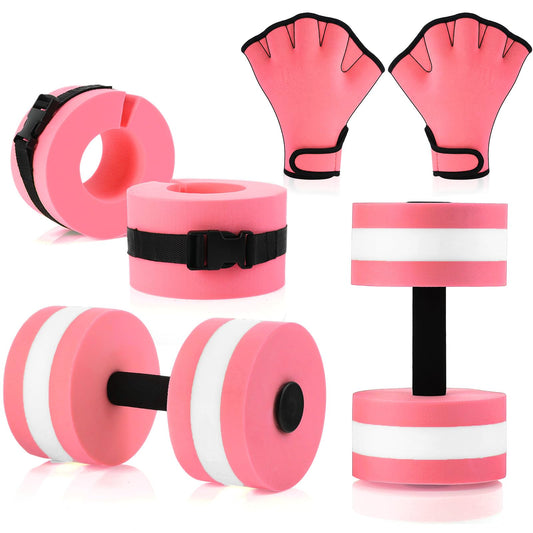 Motionchic Water Aerobics Set, 2 Ankle Swimming Weights 2 Lightweight Aquatic Exercise Dumbbells 1 Pair of Swimming Gloves Pool Exercise Equipment for Aquatic Workout Fitness(Pink)