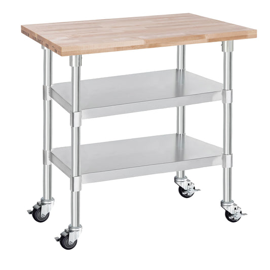 DuraSteel Butcher Block Counter Top - 24 x 36 x 34" Height with 4 Caster Wheels (2 Adjustable) - Kitchen, Side, Coffee, or Dining Table - Optional Base Leg Units, Natural Maple Slab Work Bench Top