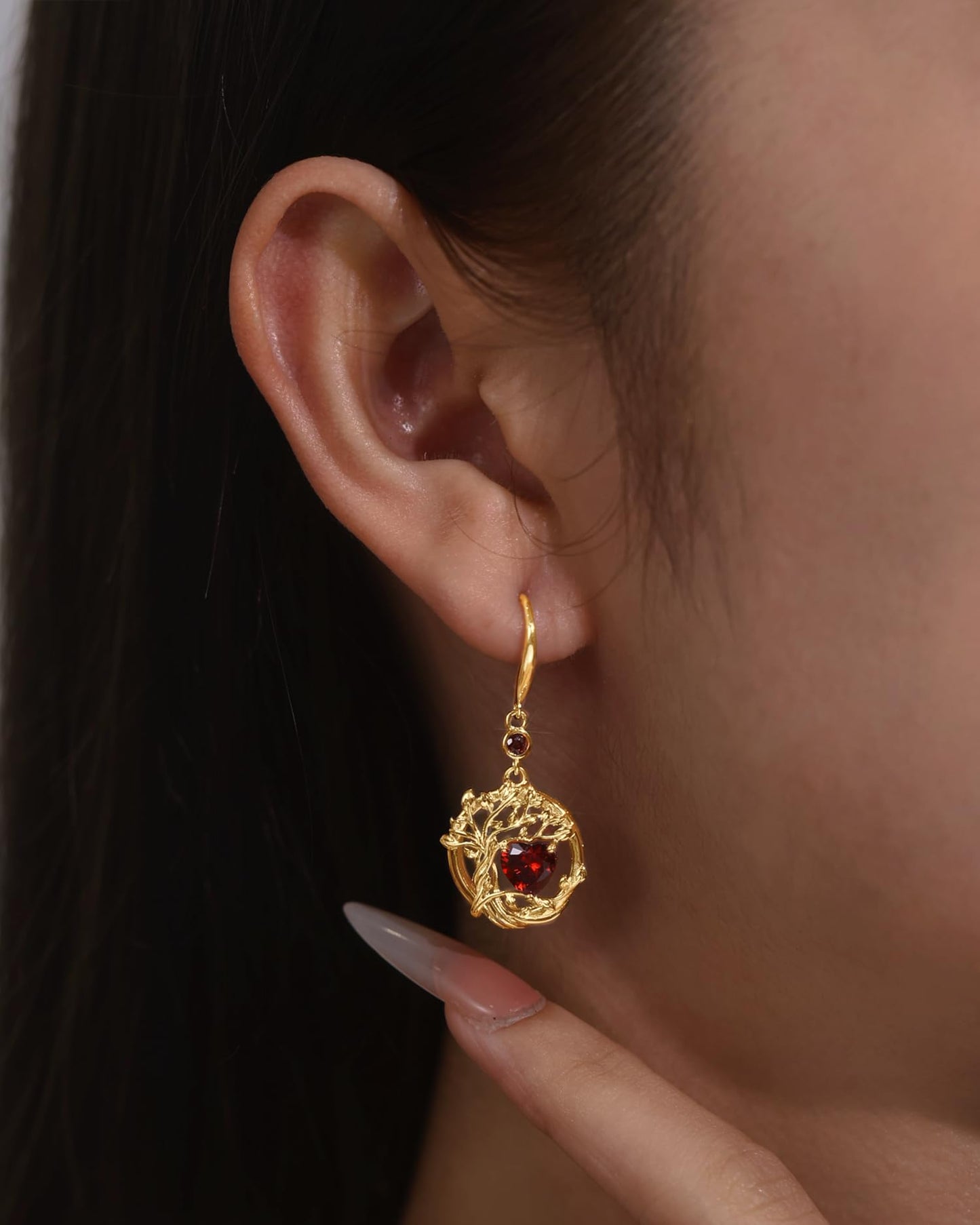 FANCIME Tree of Life Earrings 925 Sterling Silver Yellow Gold Plated Garnet Dangle Drop Gemstone Earring January Birthstone Fine Jewelry Birthday Mothers Day Gifts for Women Her