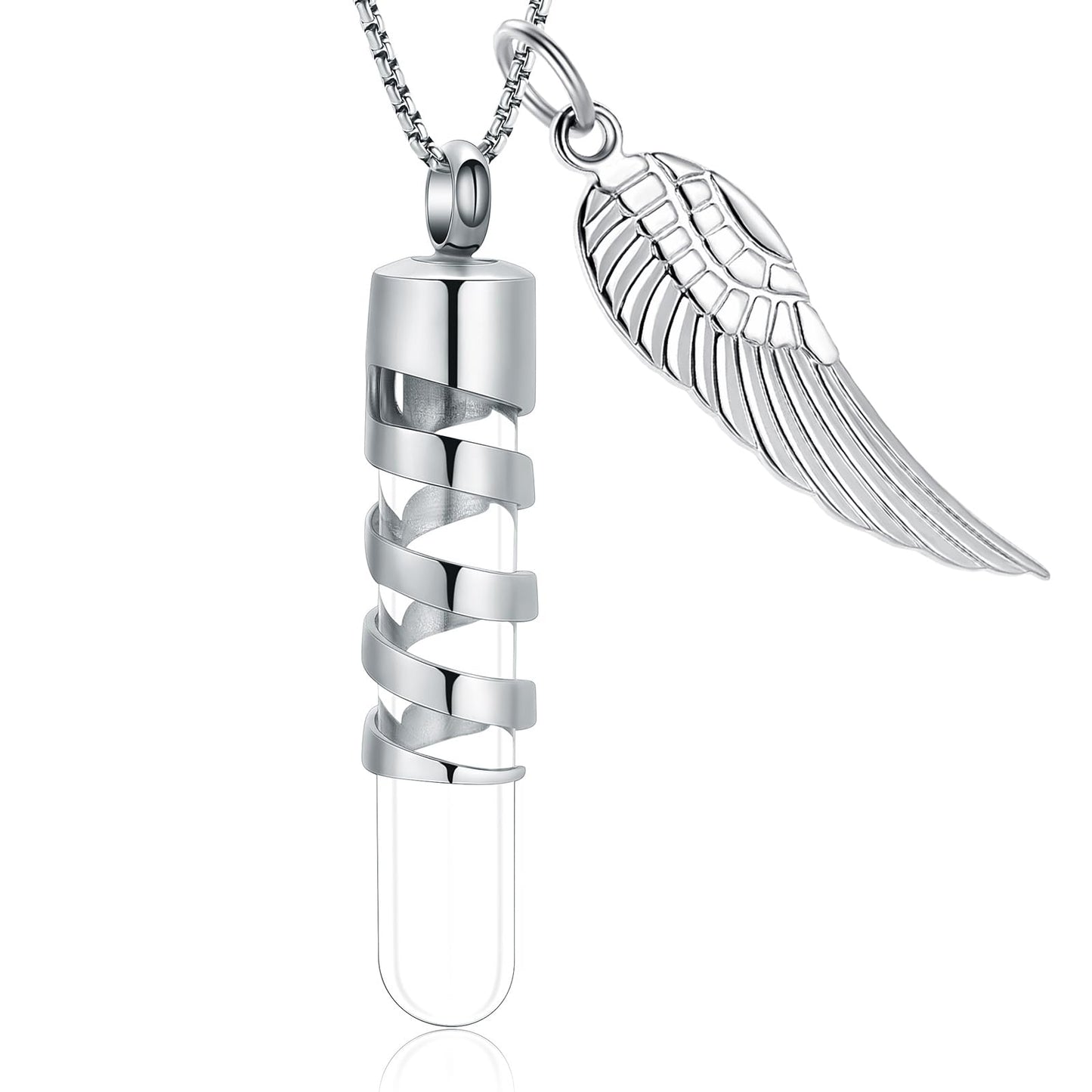 Oinsi Clear Glass Tube Cremation Jewelry for Men Women Ashes Holder Necklace Keepsake Cylinder Memorial Pendant Angel wings Urn Necklace (Sliver)