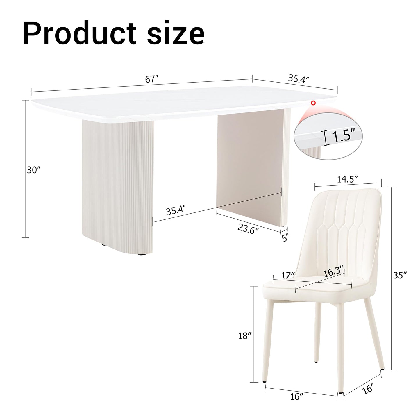 TesNus White Dining Table Set for 6, 67'' Modern Dining Table Set with 6 Upholstered Metal Chairs, 3.5'' Oval Faux Marble Top and Cream White Pedestal Base, Rounded Corners Marble Kitchen Table Set