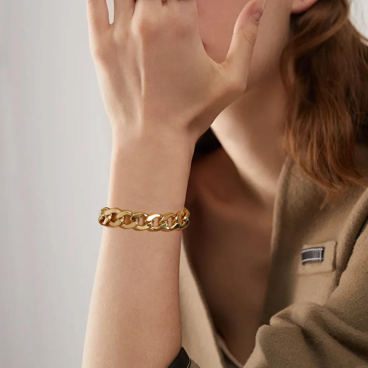 LANE WOODS Chunky Gold Bracelet for Women 14k Gold Plated Diamond-Cut Cuban Chain Link Bracelet for Men Classic Jewelry