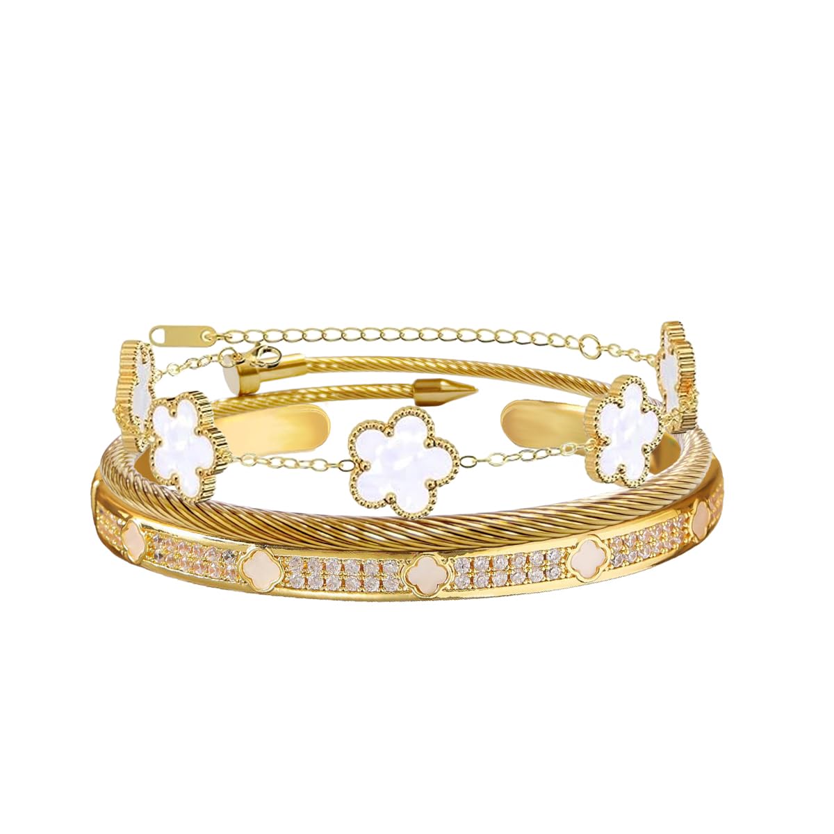 Nail Bracelets set for Women 3Pcs Stackable Love Bangle 18K Gold Plated Clovers Bracelet Floral Bracelet Set Trendy Gifts for Women (White)