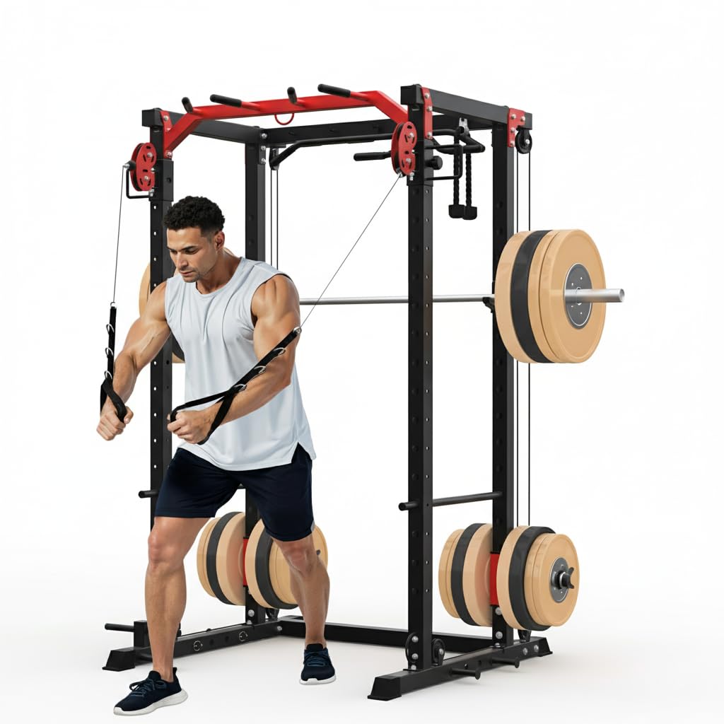 Power Cage, Power Rack with Cable Crossover System, 2000LBS Squat Rack with LAT Pull Down System, Workout Cage with Pulley System for Fitness Home Gym Strength Training