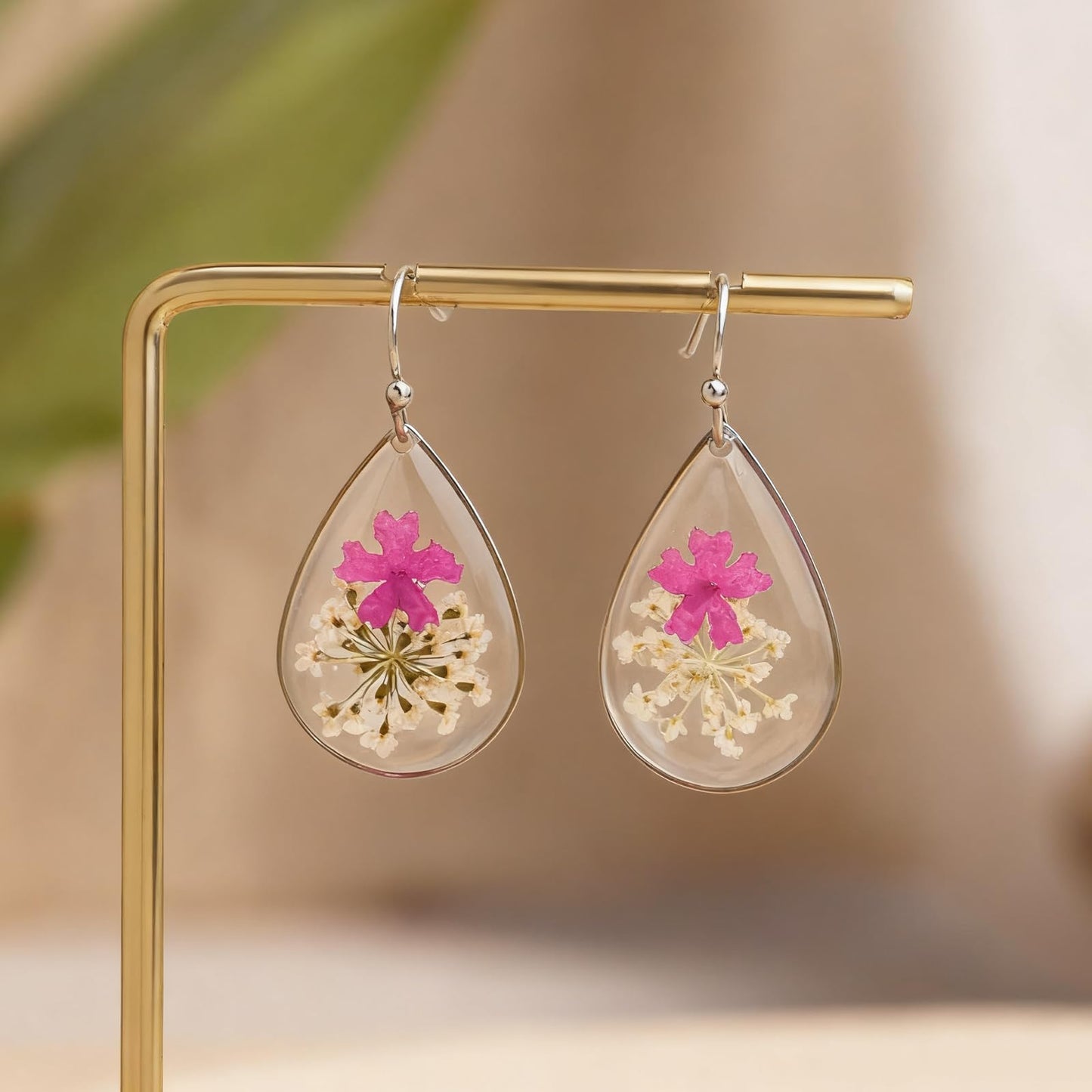 Jean Beau Handmade Pressed Flower Earrings for Women, Unique Resin Purple Dried Flowers Sterling Silver Teardrop Dangle Drop Nature Floral Earings Fashion Summer Jewelry Gift