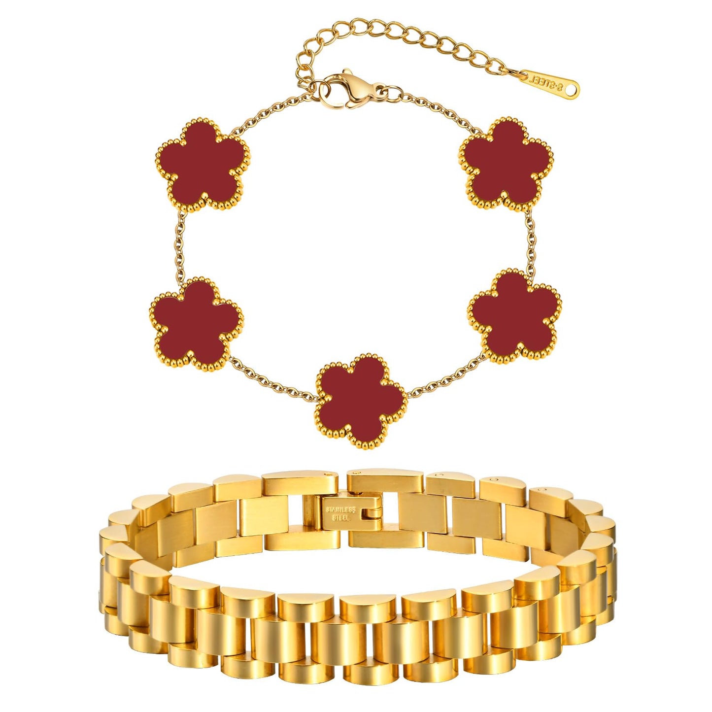 Stackable Gold Floral Bracelets Set , 2pcs 18K Gold Plated Bracelet Non-Tarnish,Stainless Steel Link Chain Friendship Bracelet,Watch Band Trendy Jewelry,Christmas Valentines Birthday Gifts for Women