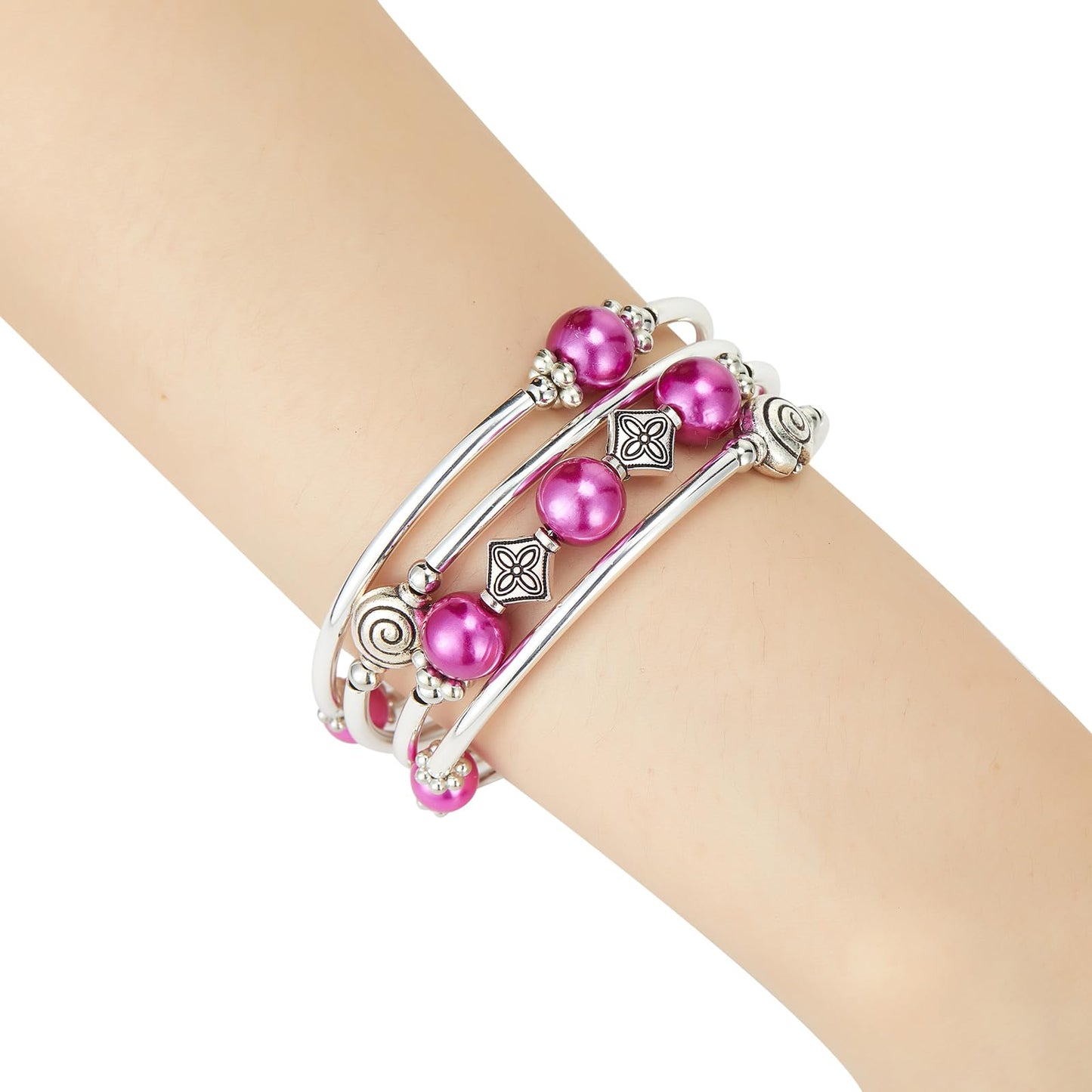 Beaded Pearl Bangle Wrap Bracelet - Fashion Bohemian Jewelry Multilayer Charm Bracelet with Thick Silver Metal Beads, Gift For Women(Fuchsia)