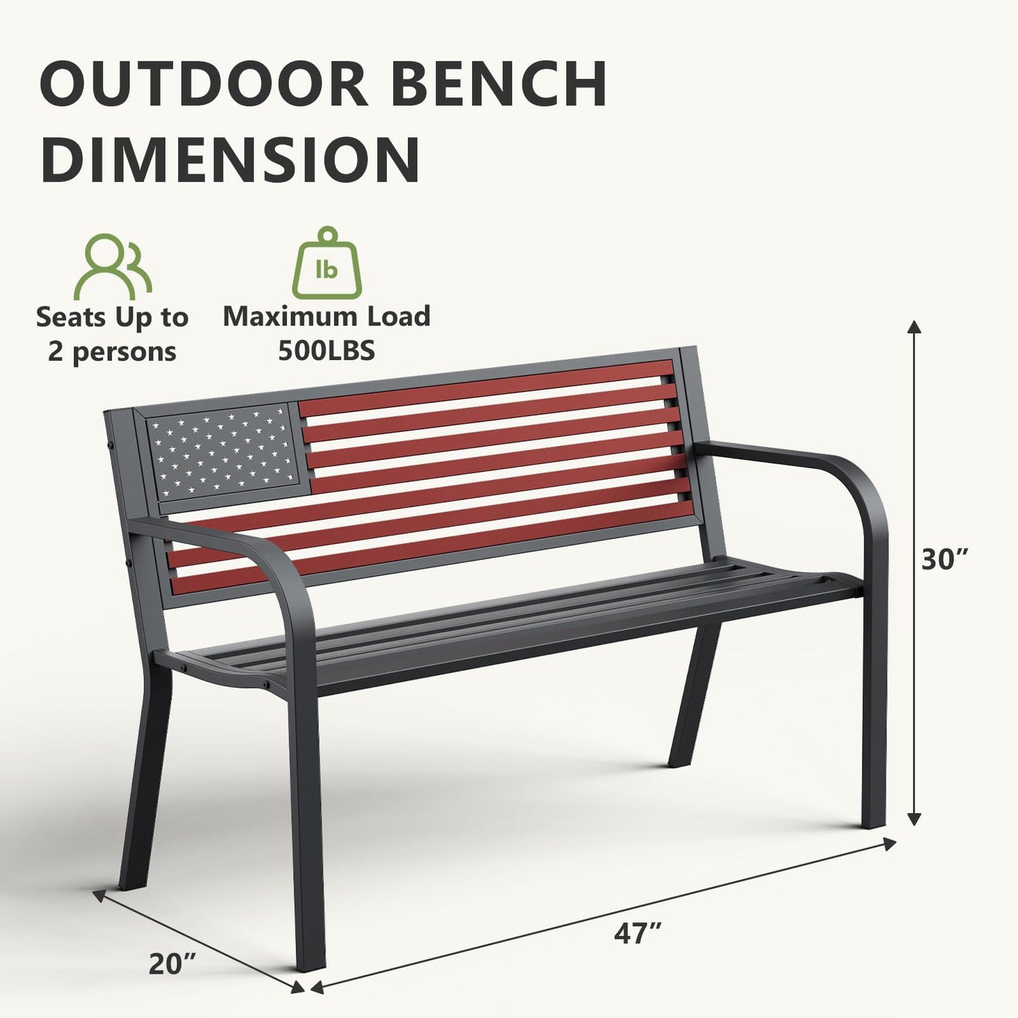 MAKE CHANGES Outdoor Bench, Sturdy Metal Garden Bench with Classic Stars and Stripes Design Metal Backrest, 2-Person Patio Bench for Outside Seating, Cast Iron Steel Porch Yard Lawn Furniture, Red