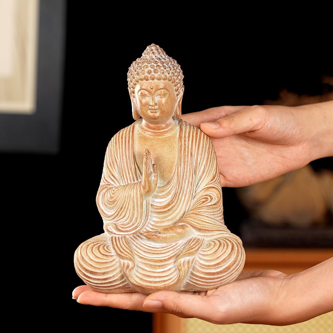 Swaite Zen Buddha Statue - Hand Carved Wood Grain Resin Meditation Decor, Feng Shui Ornament for Living Room Desk, Spiritual Space Zen Garden Decoration (Housewarming Gift/Mindfulness Aid, 7.87inch)