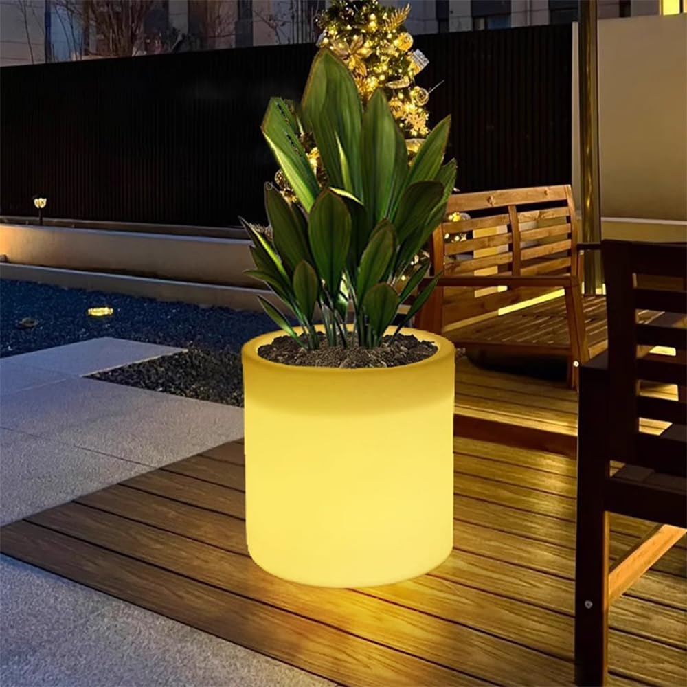 16-in Cylinder LED Planter Pot Light Outdoor, Large Rechargeable LED Flower Pot w/Remote, RGB Color Changing Light Up Planters Versatile Ice Bucket, Waterproof Illuminated Planter for Home Garden Yard