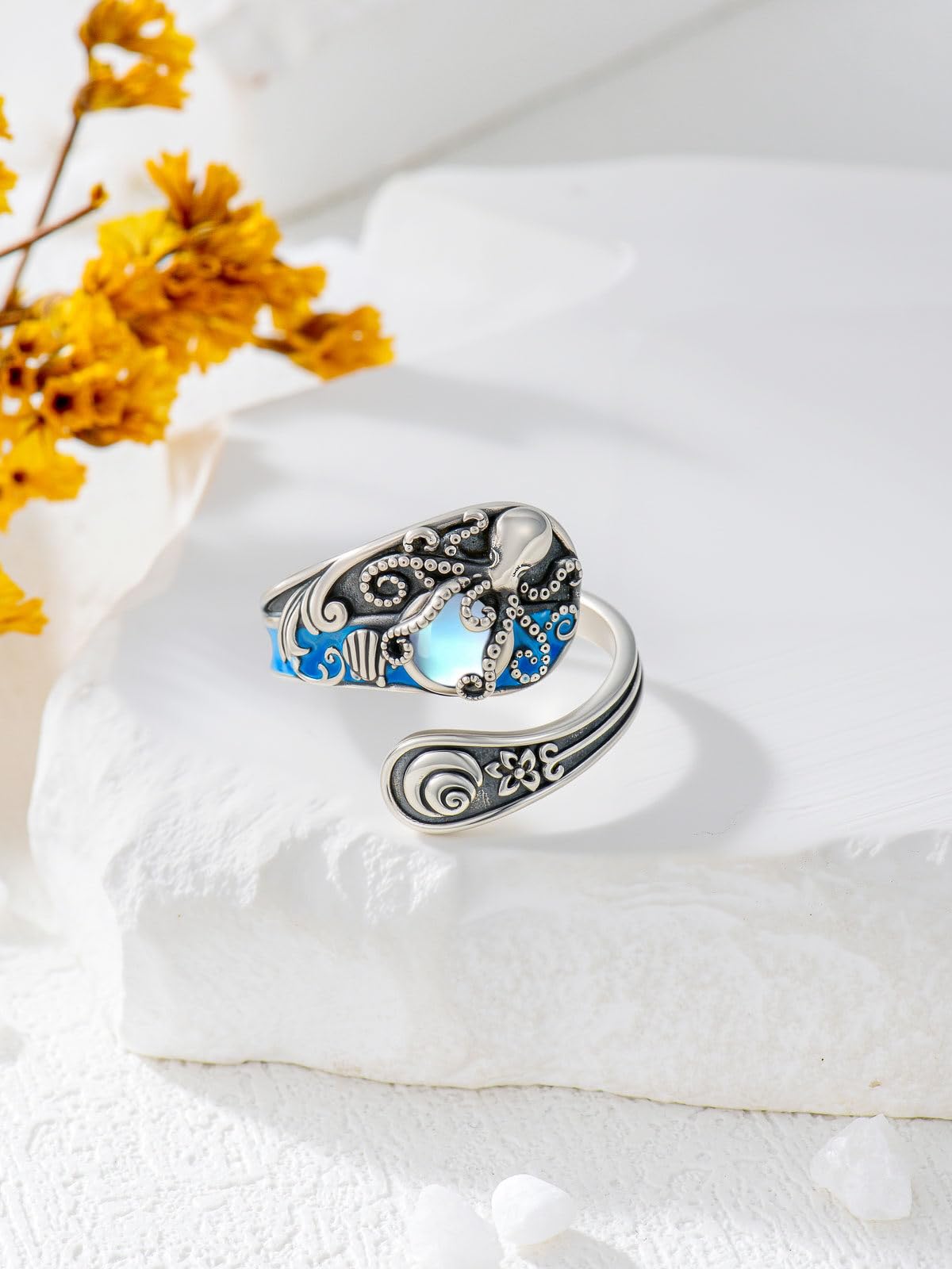 Midari Spoon Rings for Women 925 Sterling Silver Blue Octopus Adjustable Vintage Finger Thumb Rings Ocean Octopus Jewelry for Women Birthday Christmas Gift