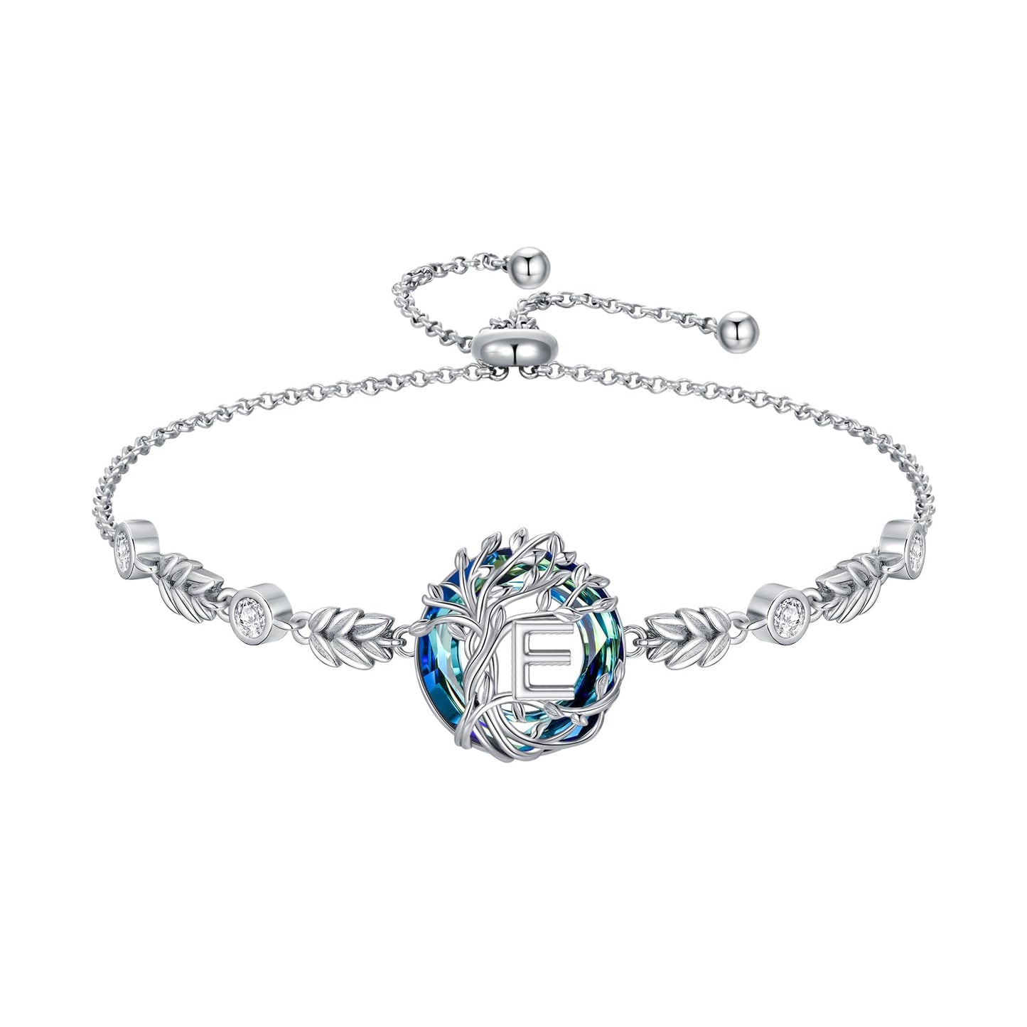 TOUPOP Tree of Life Initial Bracelet Sterling Silver Initials E Letter Link Bracelets Blue Circle Crystal Family Tree Birthday Mothers Day Jewelry Gifts for Women Mom Wife