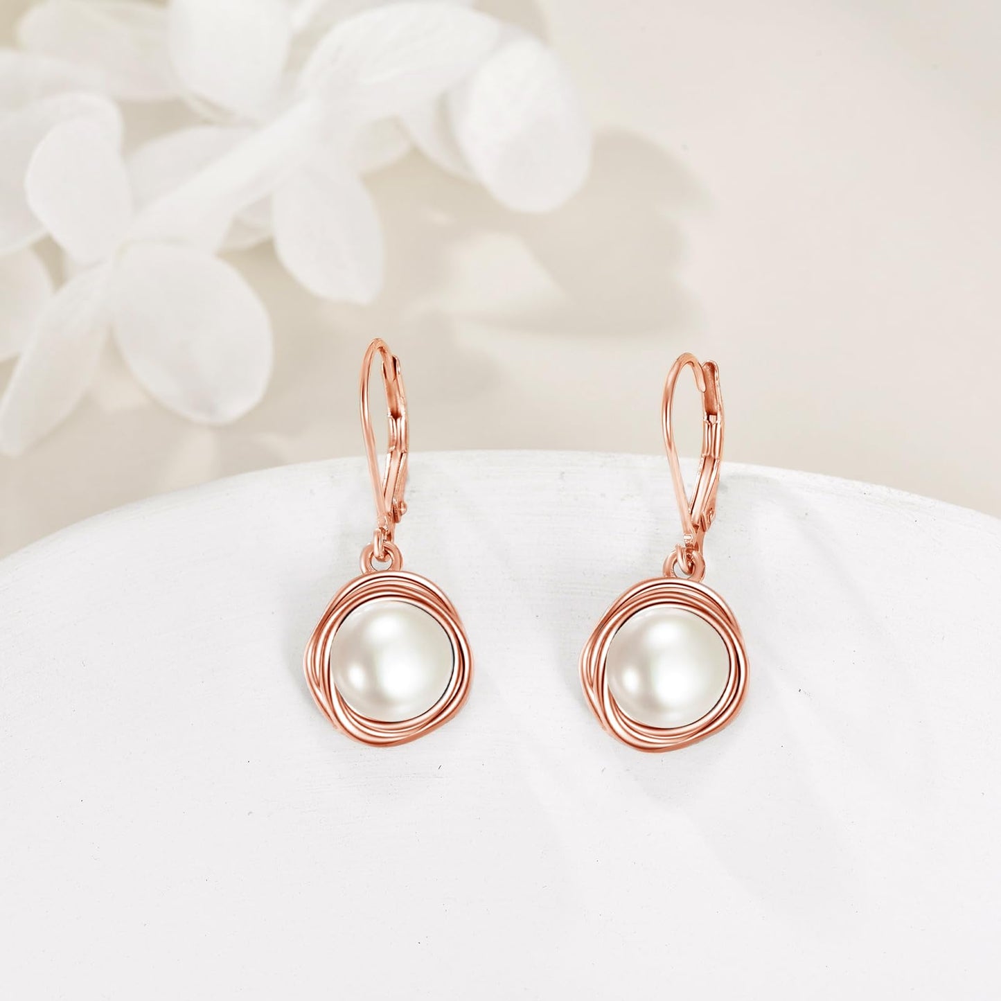 POPLYKE Pearl Dangle Earrings Rose Gold Plated 925 Sterling Silver Pearl Leverback Earrings for Women Birthday Gifts Hypoallergenic